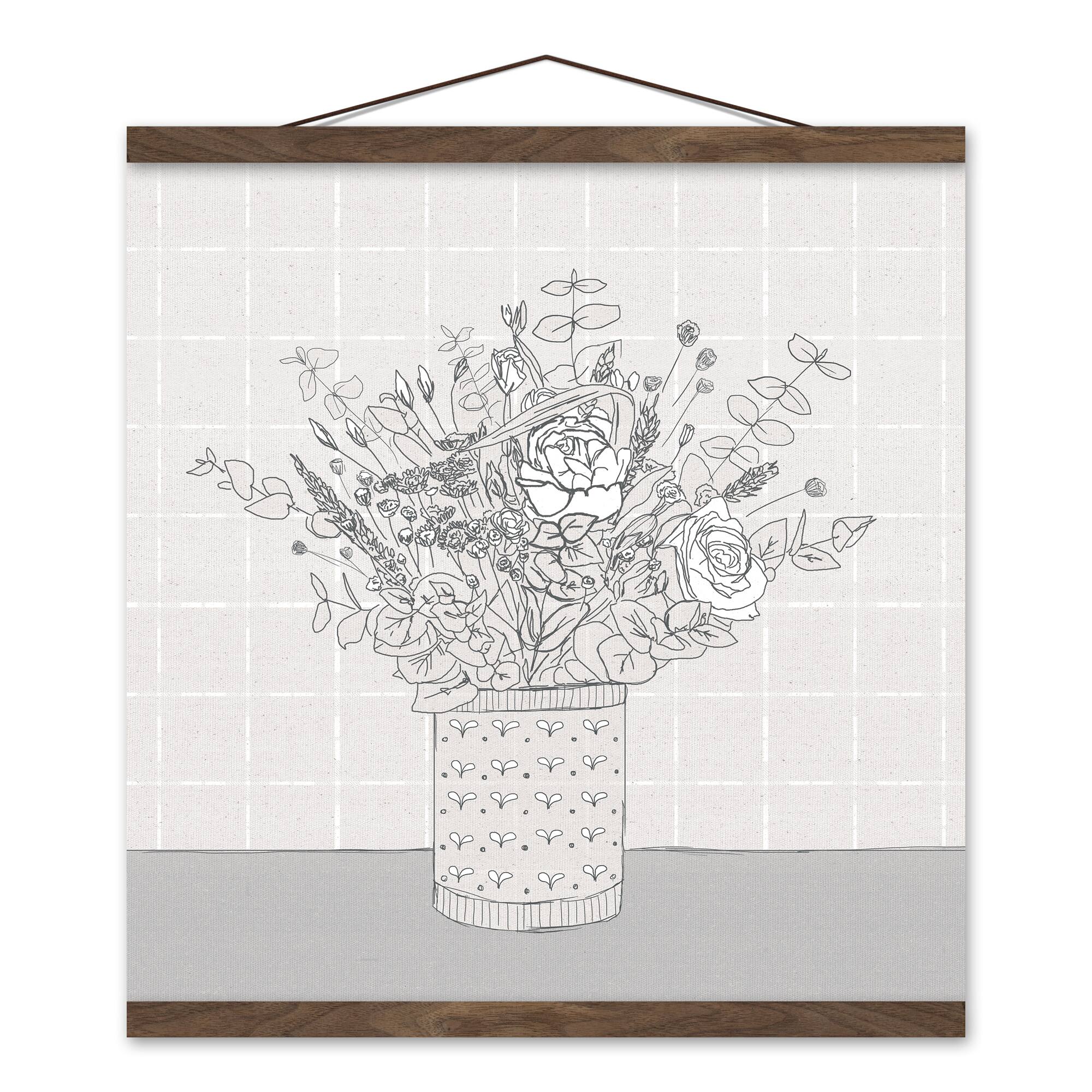 Neutral Floral Vase Teak Hanging Canvas