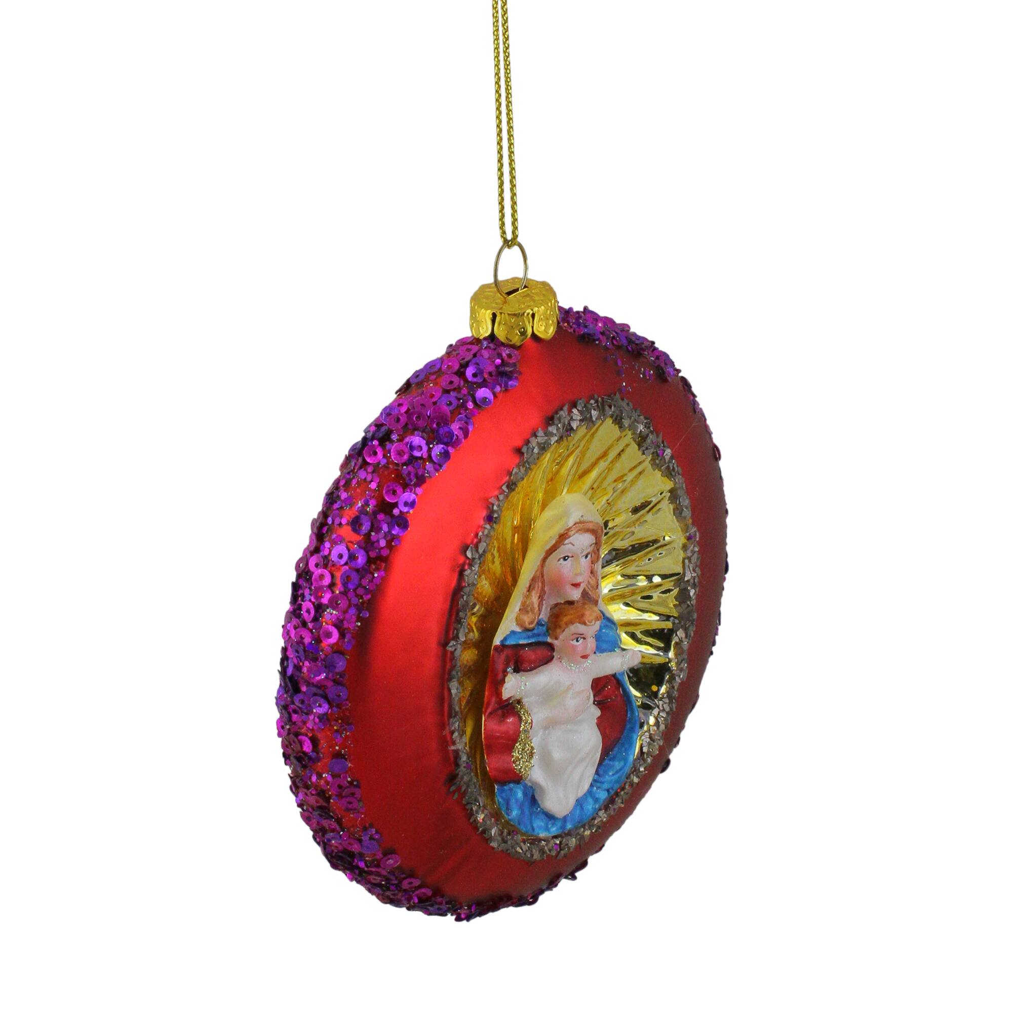 4" Mary and Jesus Sequin Religious Glass Disc Christmas Ornament