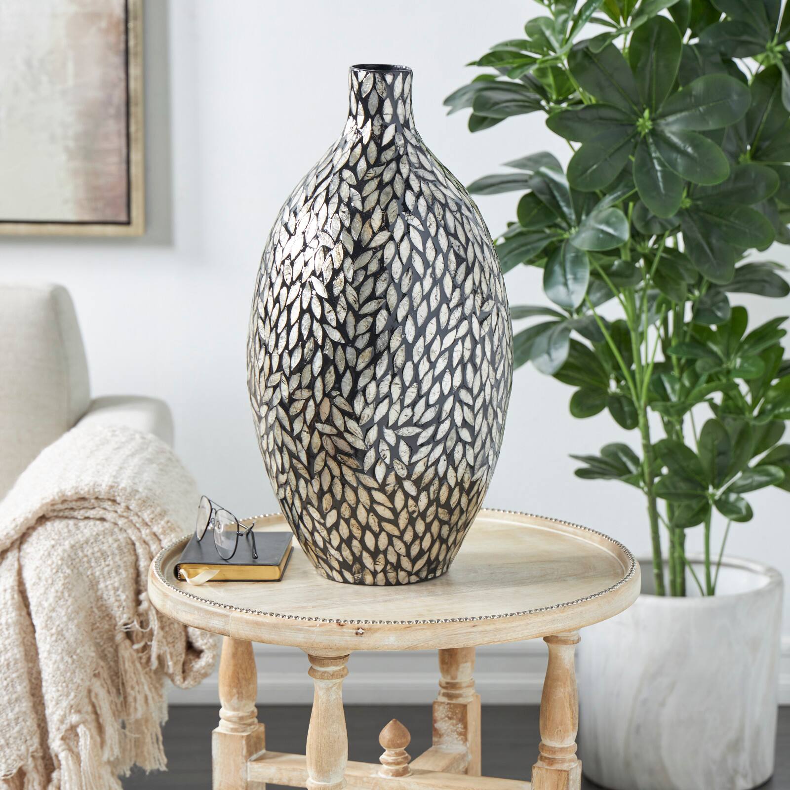 22" Black Mother of Pearl Handmade Mosaic Floral Inspired Vase