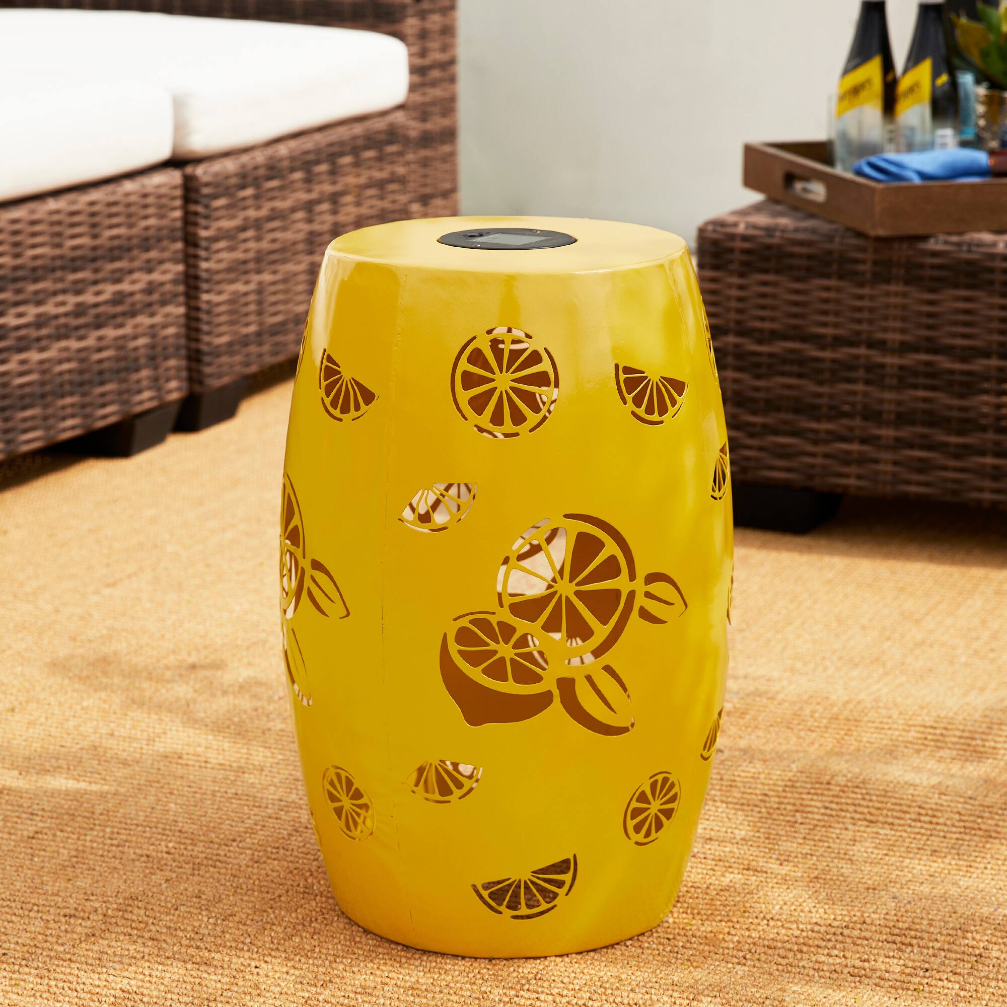 Glitzhome&#xAE; 18.5&#x22; Yellow Iron Cutout Lemon Pattern Solar LED Garden Stool