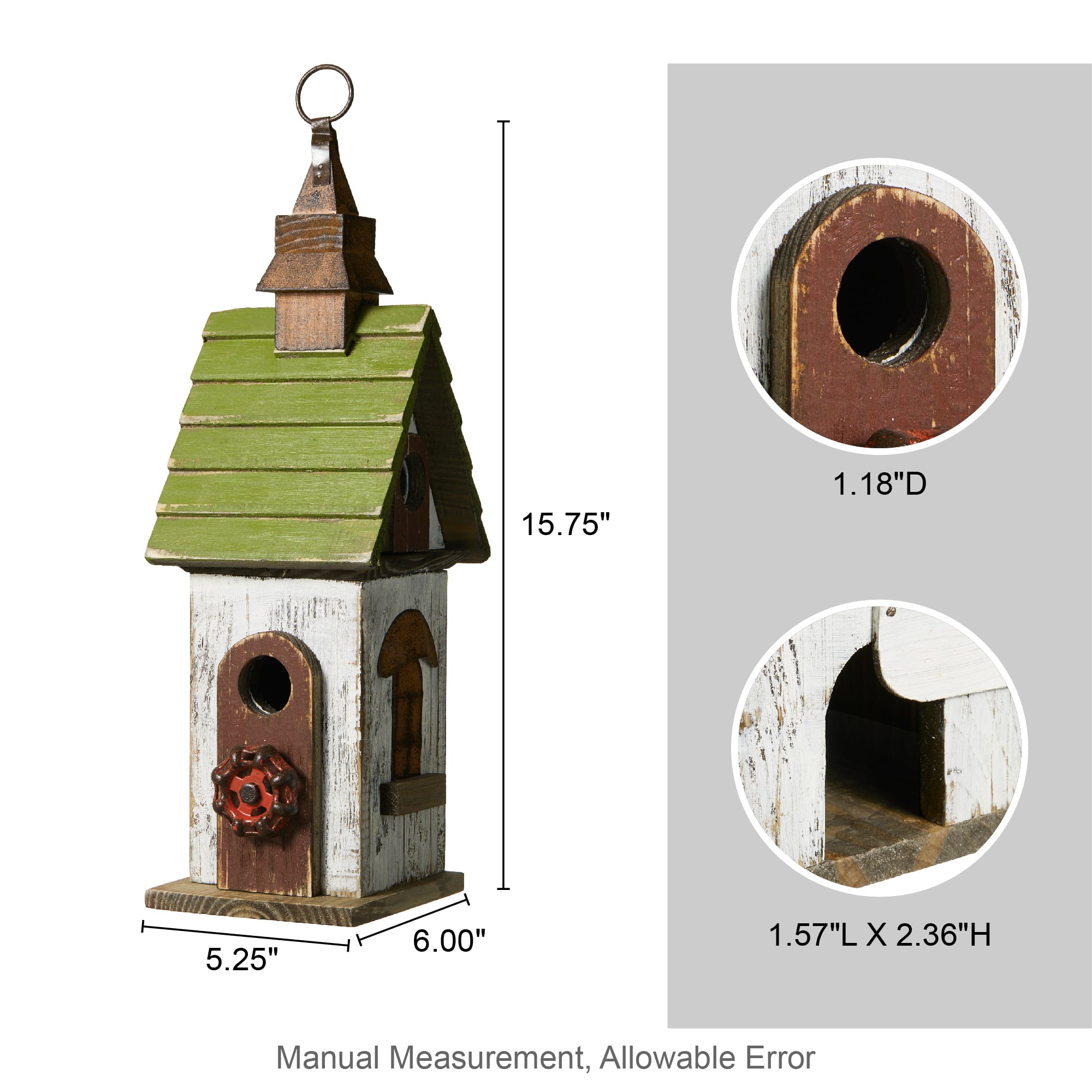 Glitzhome® 15.75" White & Green Distressed Wood Birdhouse