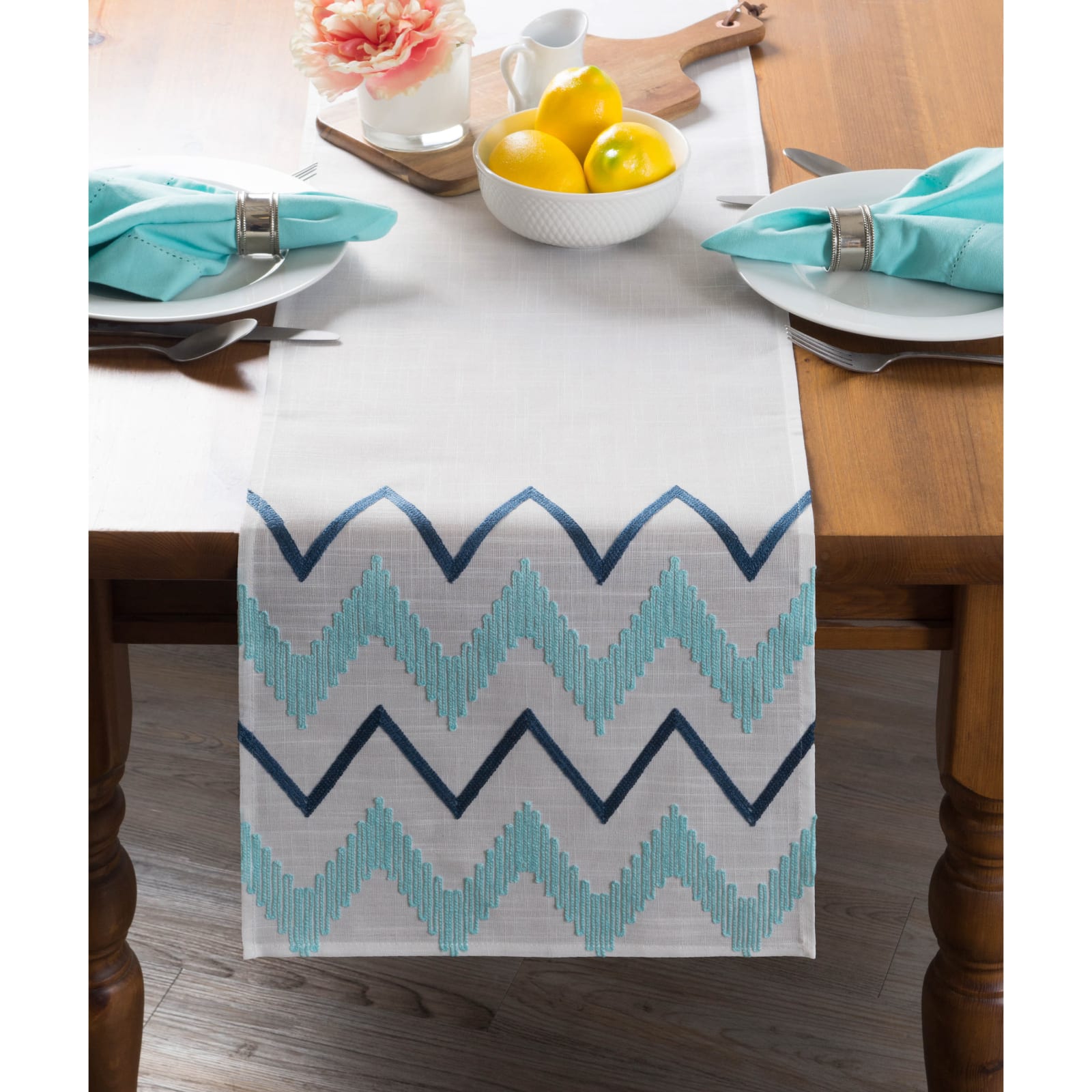 Off White Base Embroidered Chevron Table Runner