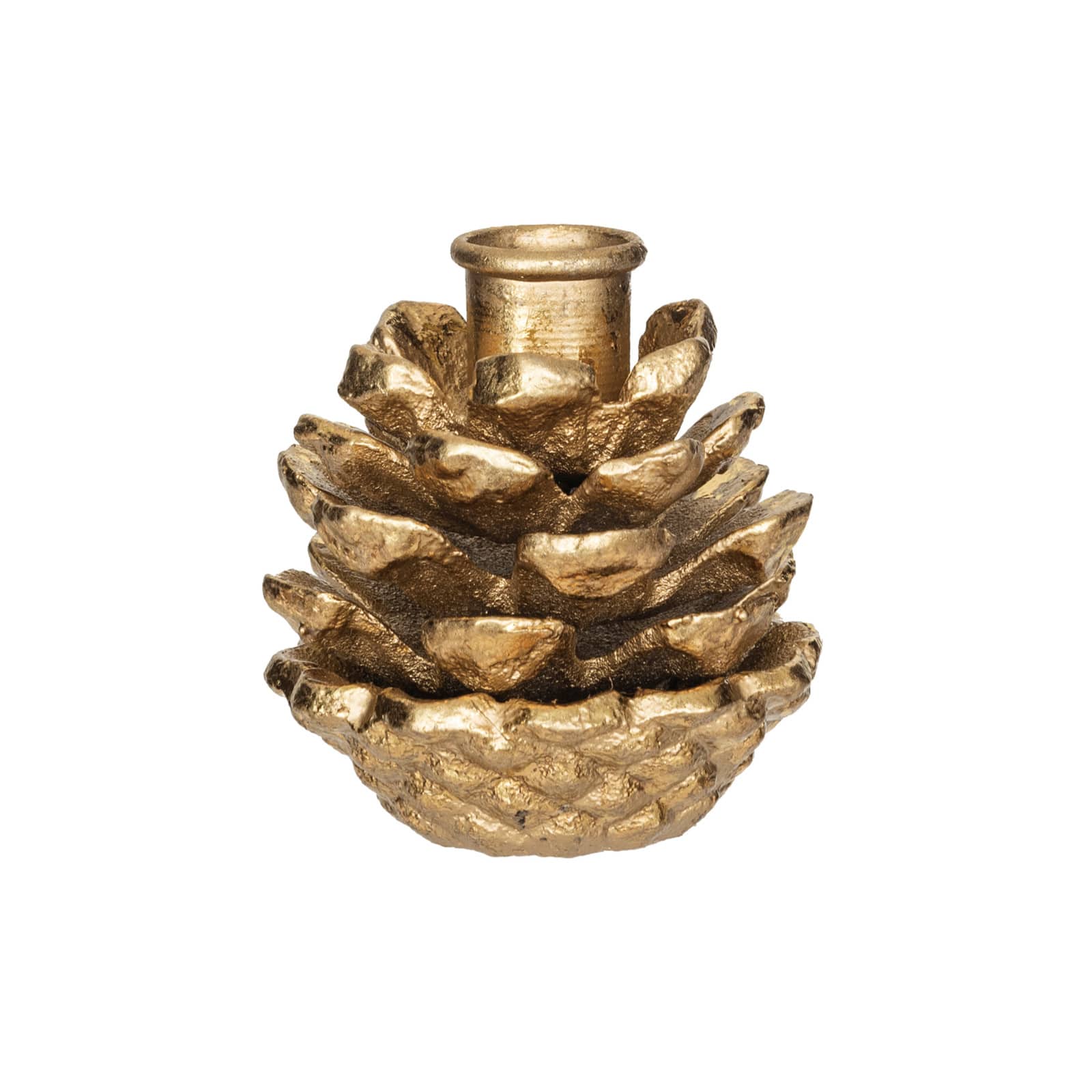 Hello Honey® 3.5" Anique Gold Finish Metal Pinecone Shaped Taper Candle Holder