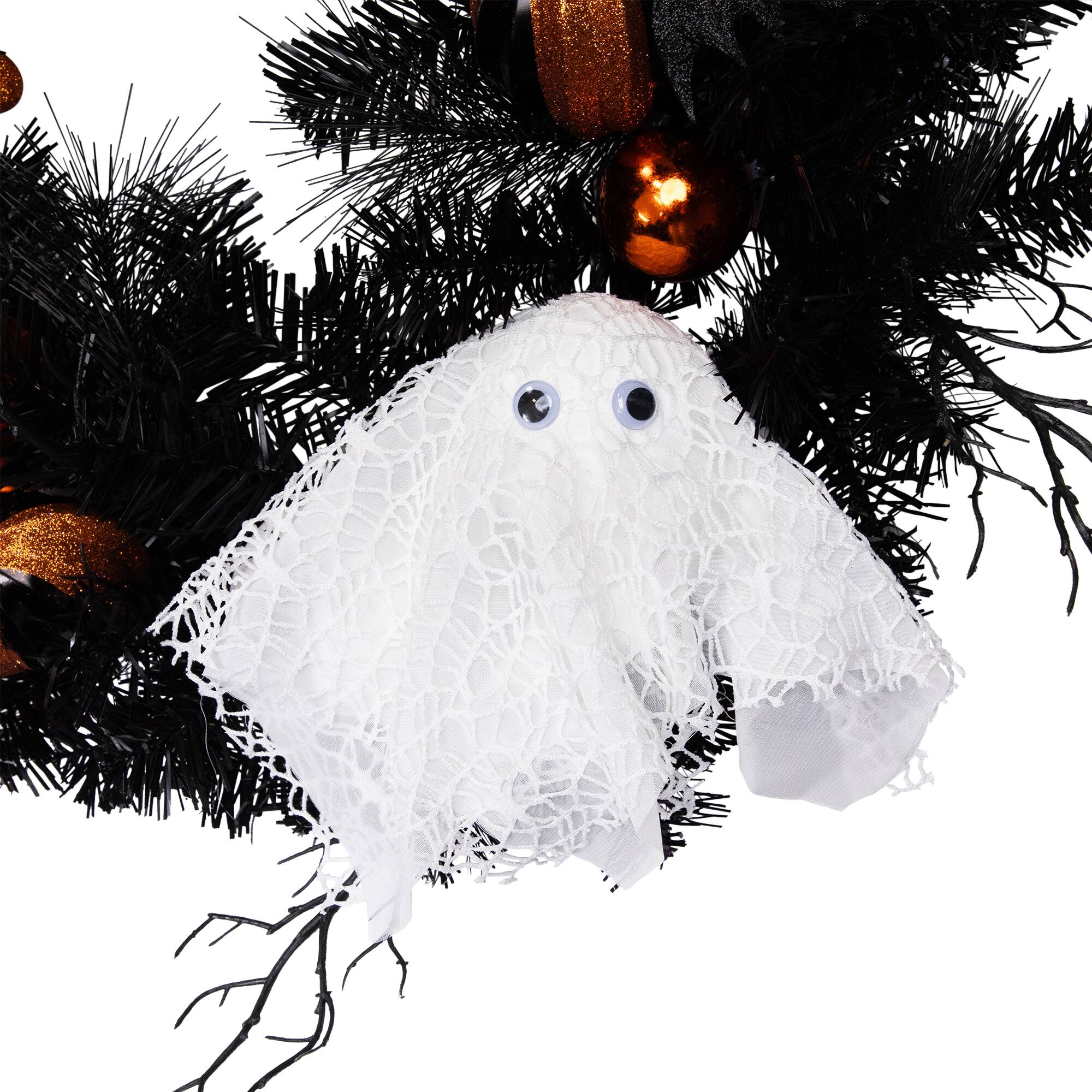 24'' Unlit Orange Ornaments and Ghost Halloween Pine Wreath