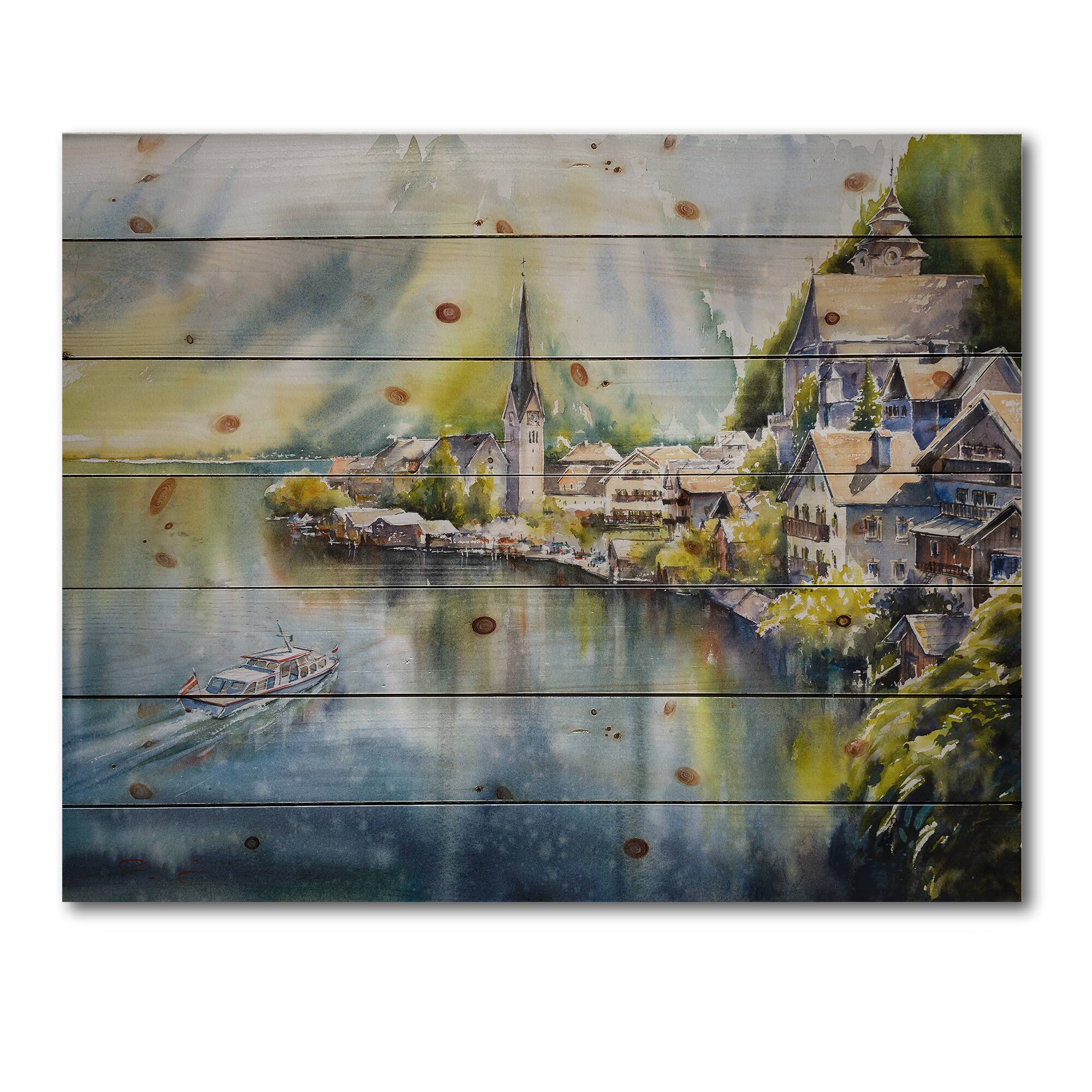 Designart - Mountain Village By The River In Austria - Nautical & Coastal Print on Natural Pine Wood