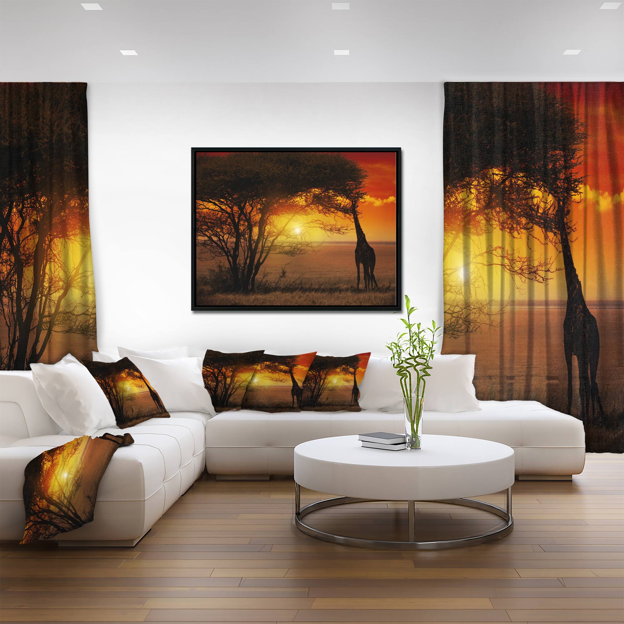 Designart - Typical African Sunset with Giraffe - Oversized African Landscape Framed Canvas Art