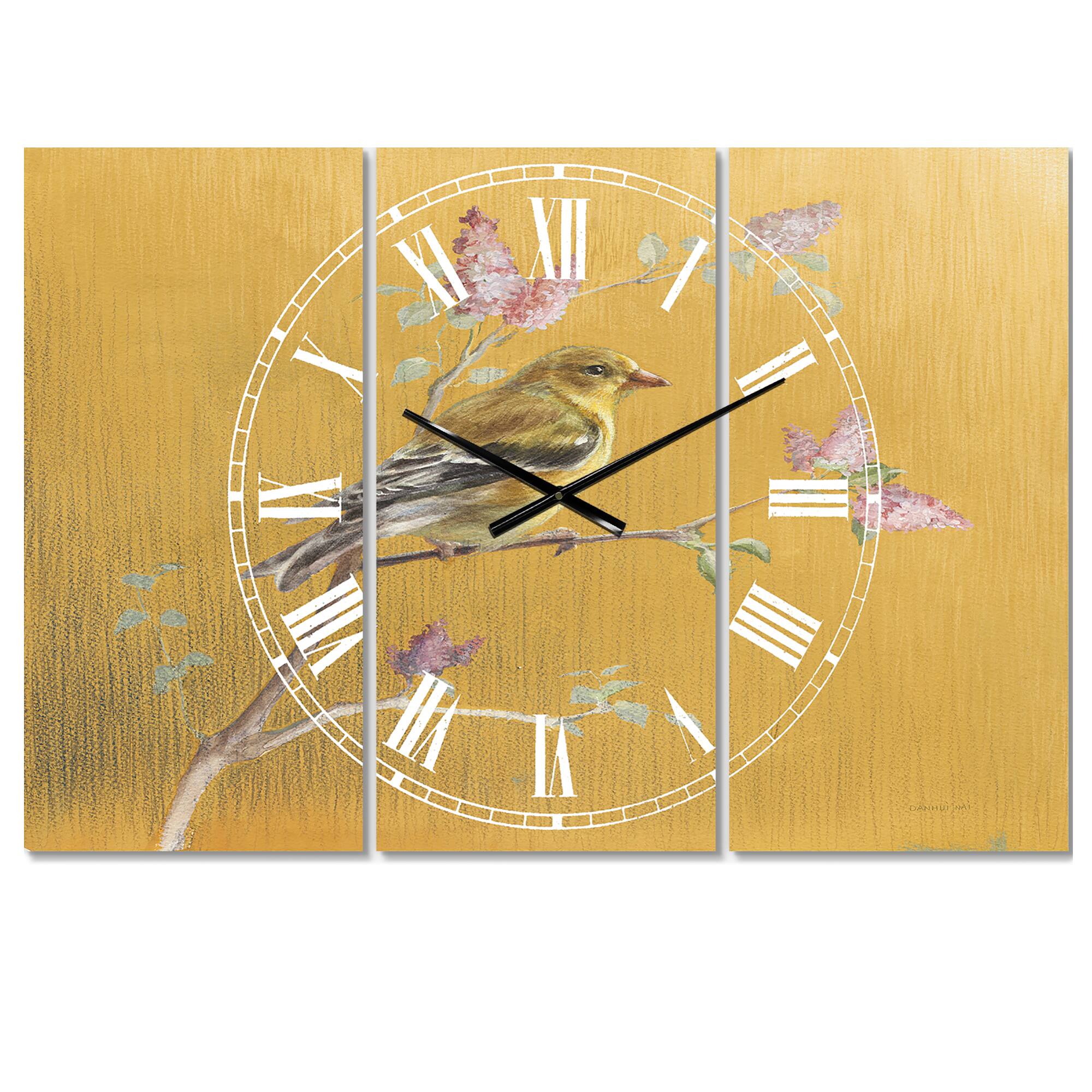 Designart 'Gold Bird On Blossoms Iii Farmhouse Multipanel Wall Clock