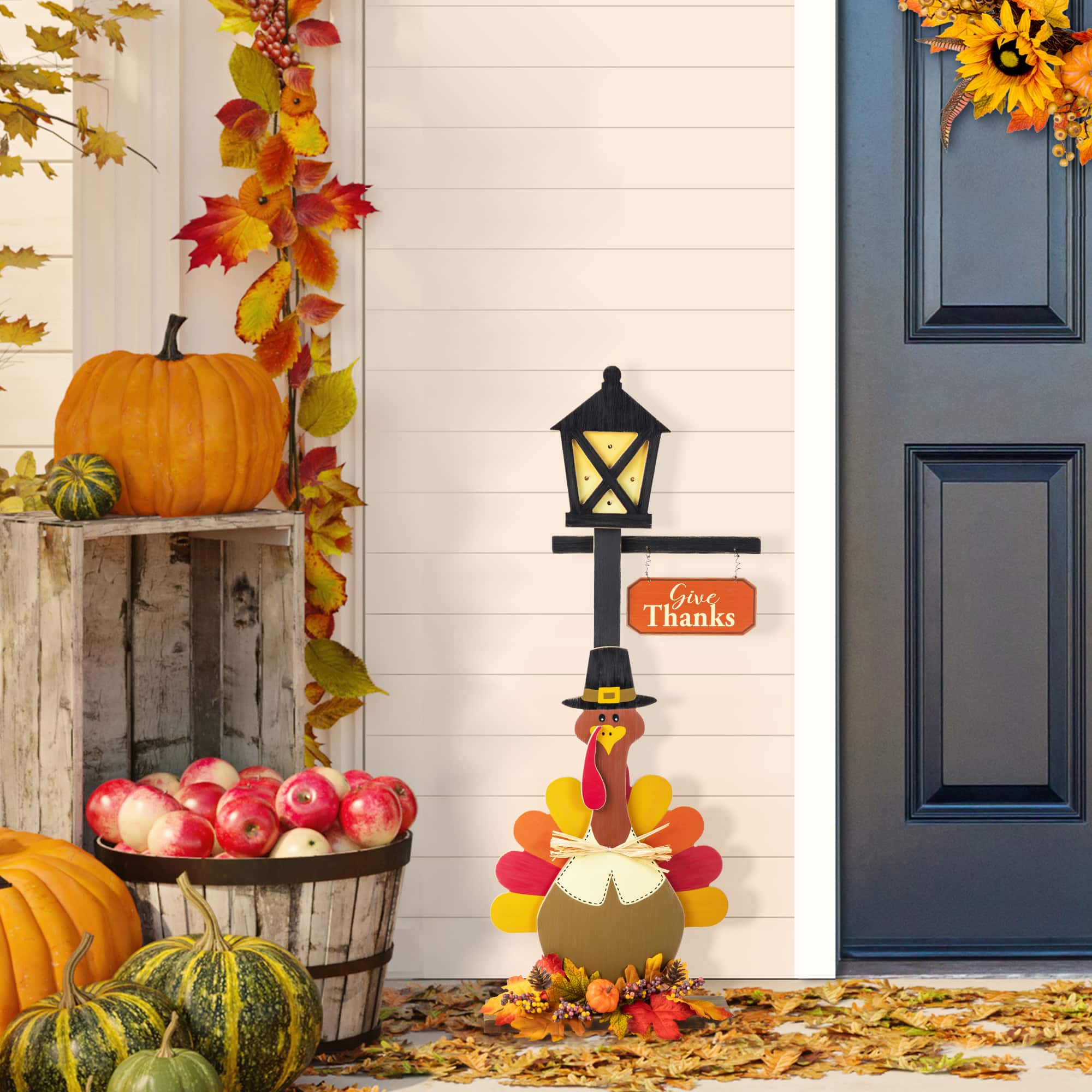 Glitzhome® 36"H Lighted Thanksgiving Wooden Turkey Lamp Post Porch Decor