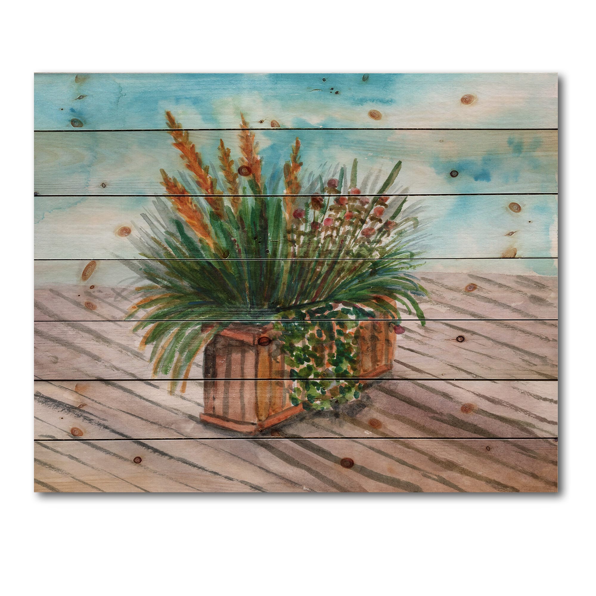 Designart - Yellow Spikelets of Houseplant With Green Stems - Traditional Print on Natural Pine Wood