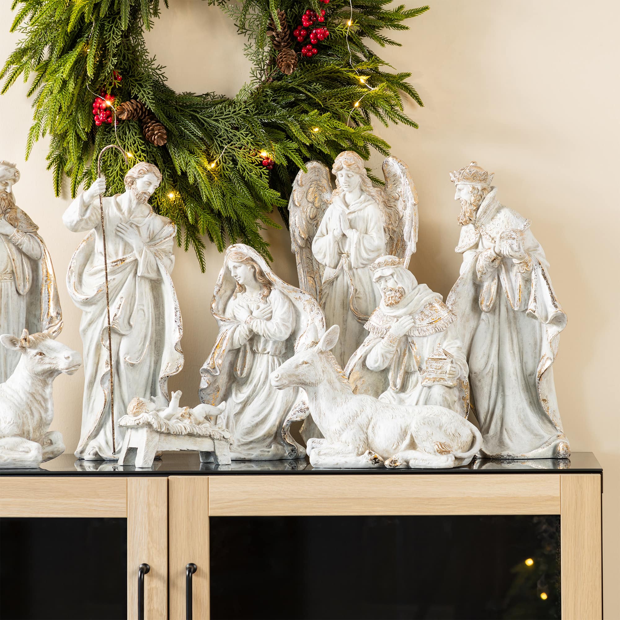 Glitzhome® 10-Piece Ivory & Gold Resin Nativity Figurine Set