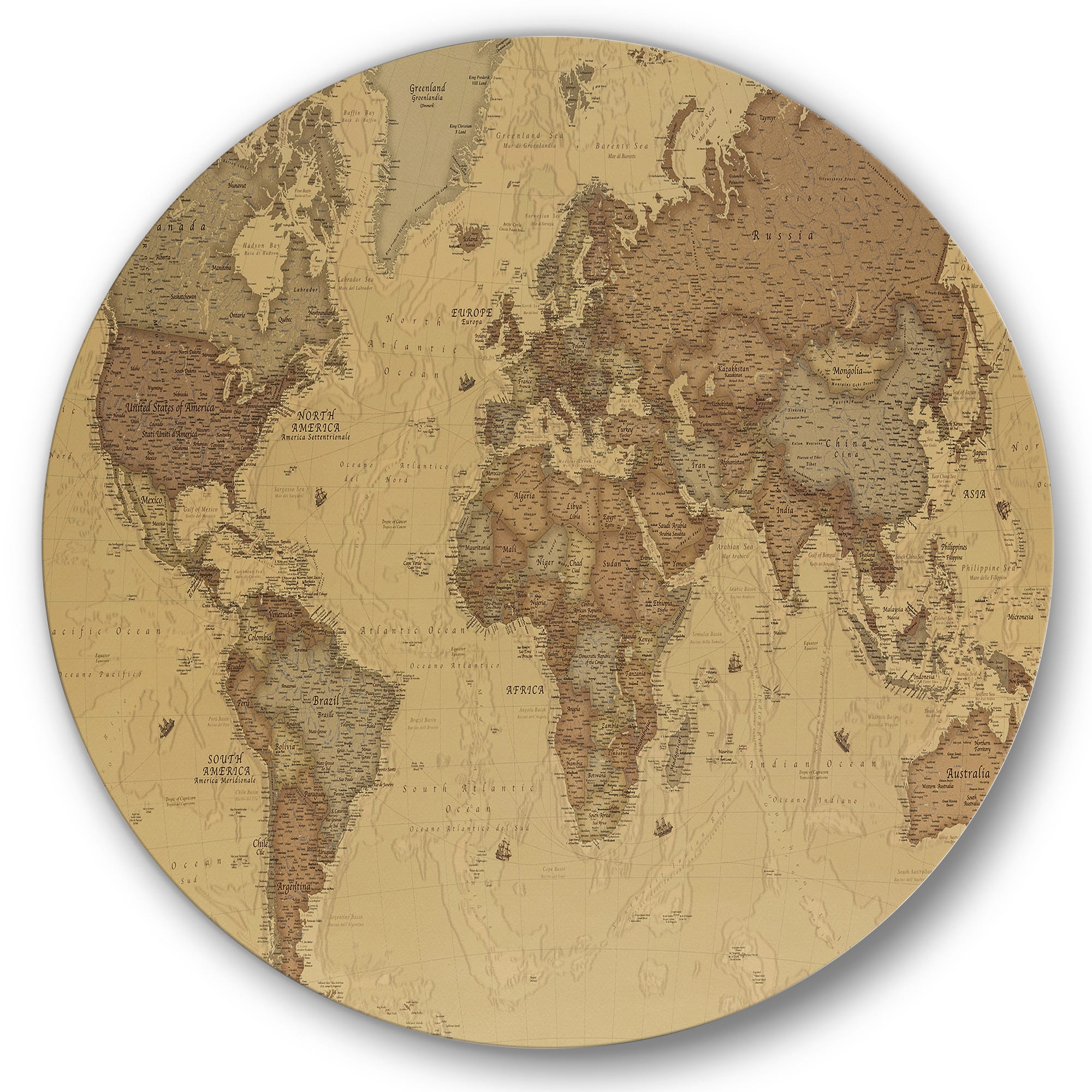 Designart - Ancient Map of The World III - Vintage Metal Circle Wall Art