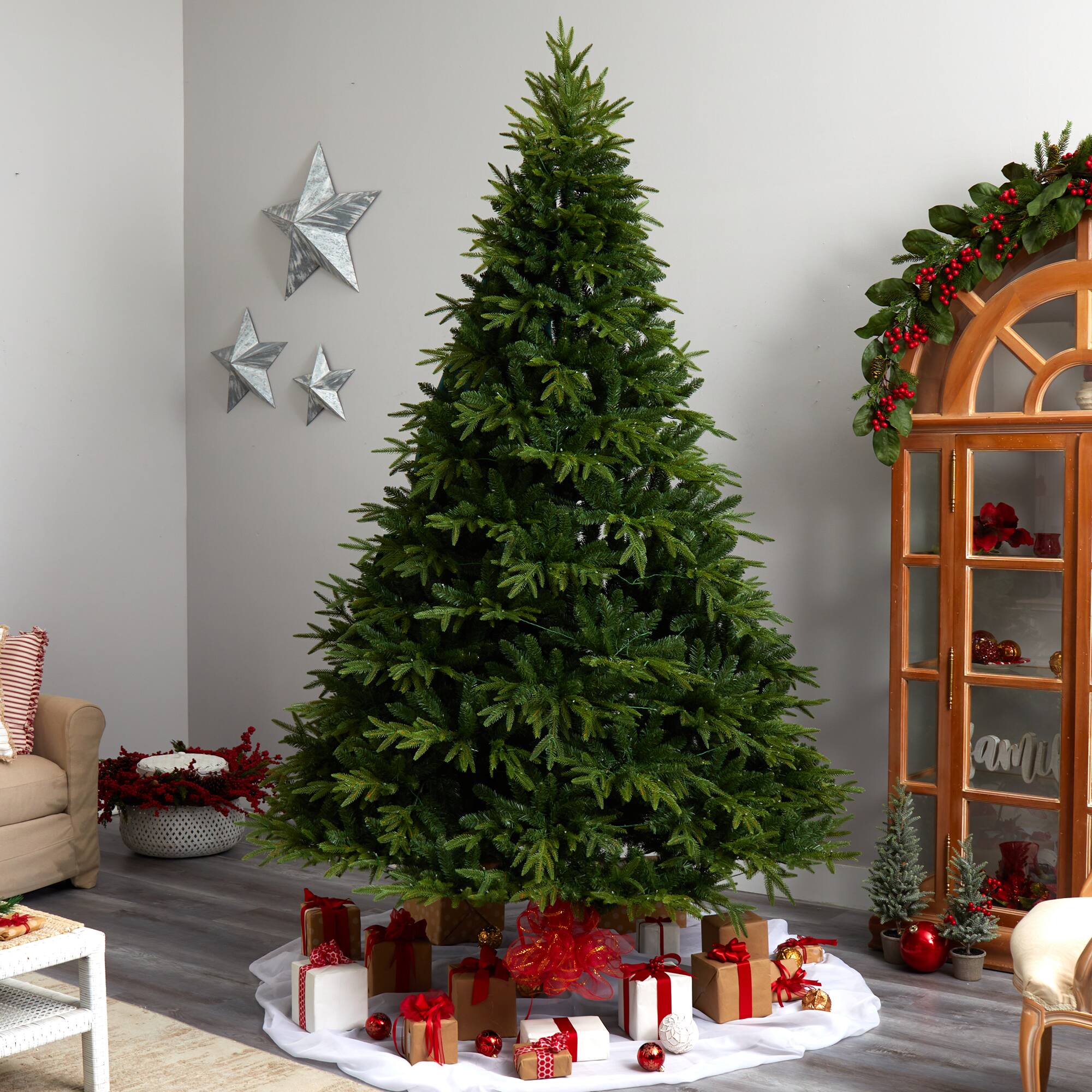 9ft. Pre-Lit Colorado Mountain Fir Natural Look Artificial Christmas Tree, White LED Lights