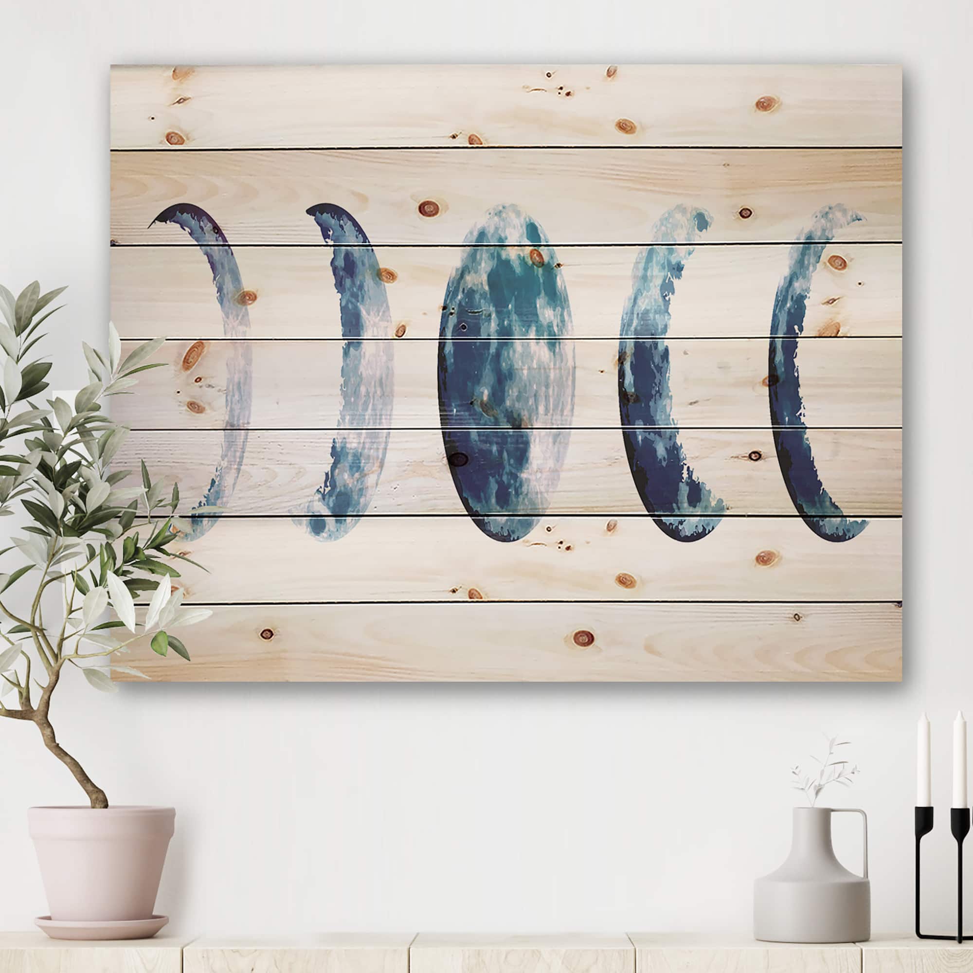 Designart - Magic Blue Moon Phases - Bohemian &#x26; Eclectic Print on Natural Pine Wood