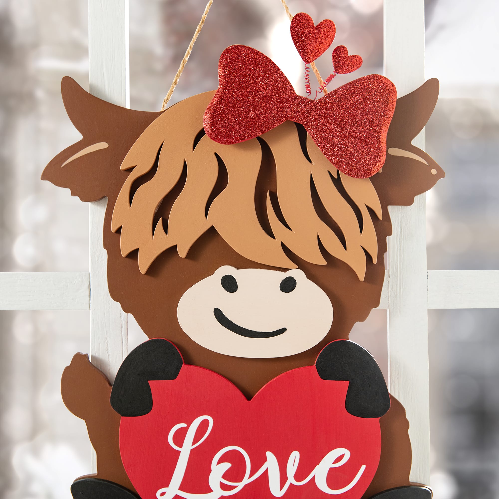 Glitzhome&#xAE; 18&#x22; Valentine&#x27;s Wooden Highland Cow Door Hanger