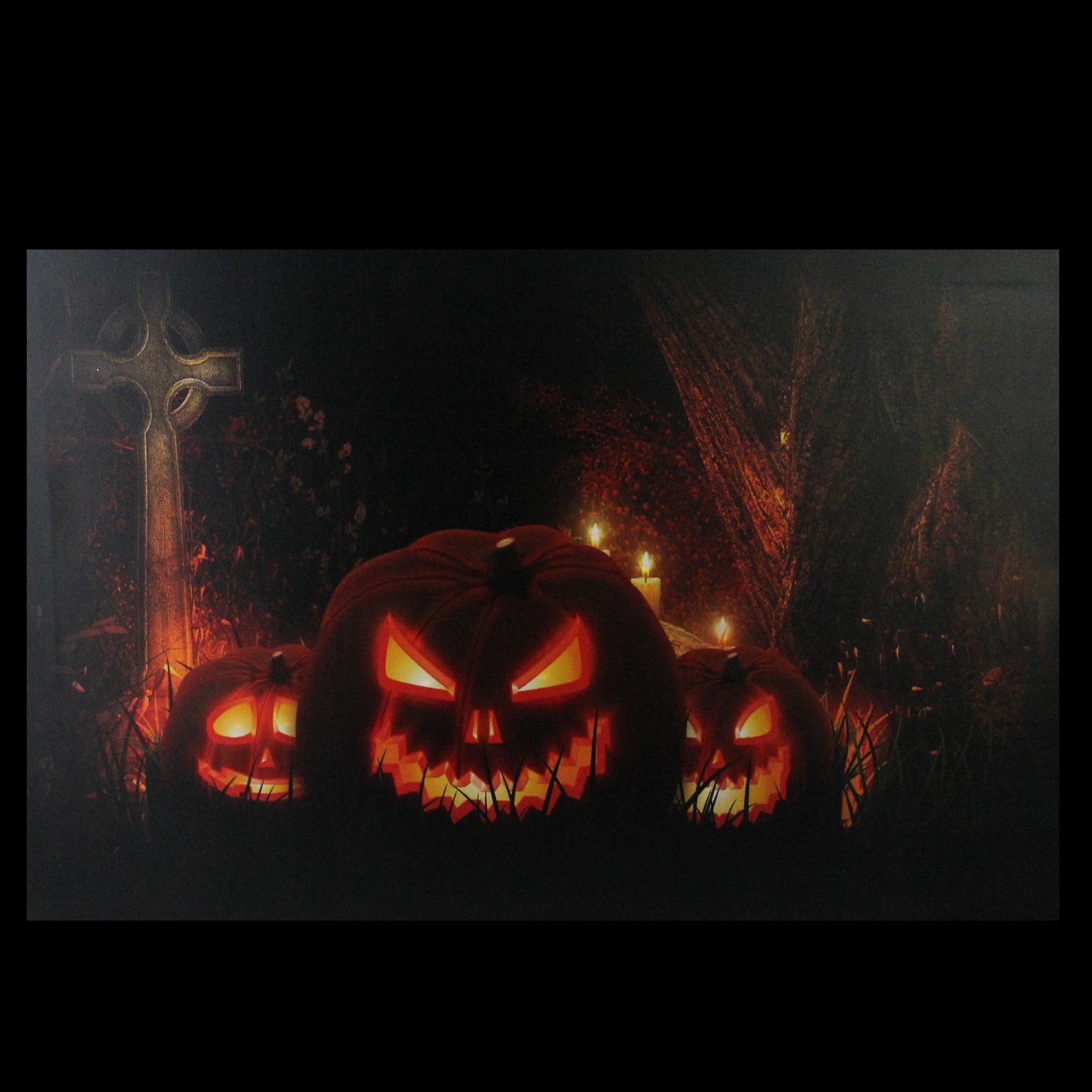 LED Lighted Jack-O-Lanterns in a Cemetery Halloween Canvas Wall Art