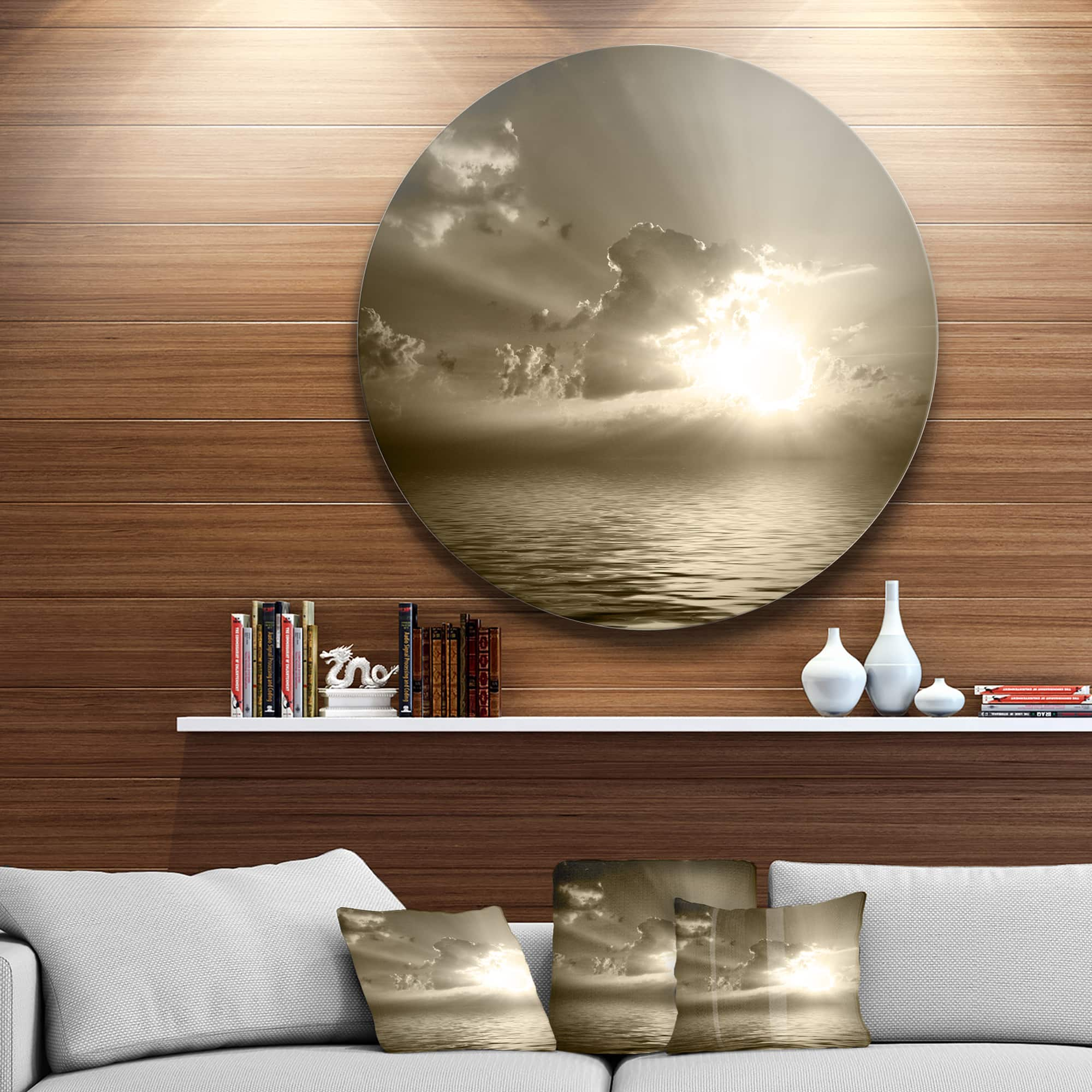 Designart - Sepia Toned Cloudy Sunrise&#x27; Ultra Glossy Landscape Metal Circle Wall Art