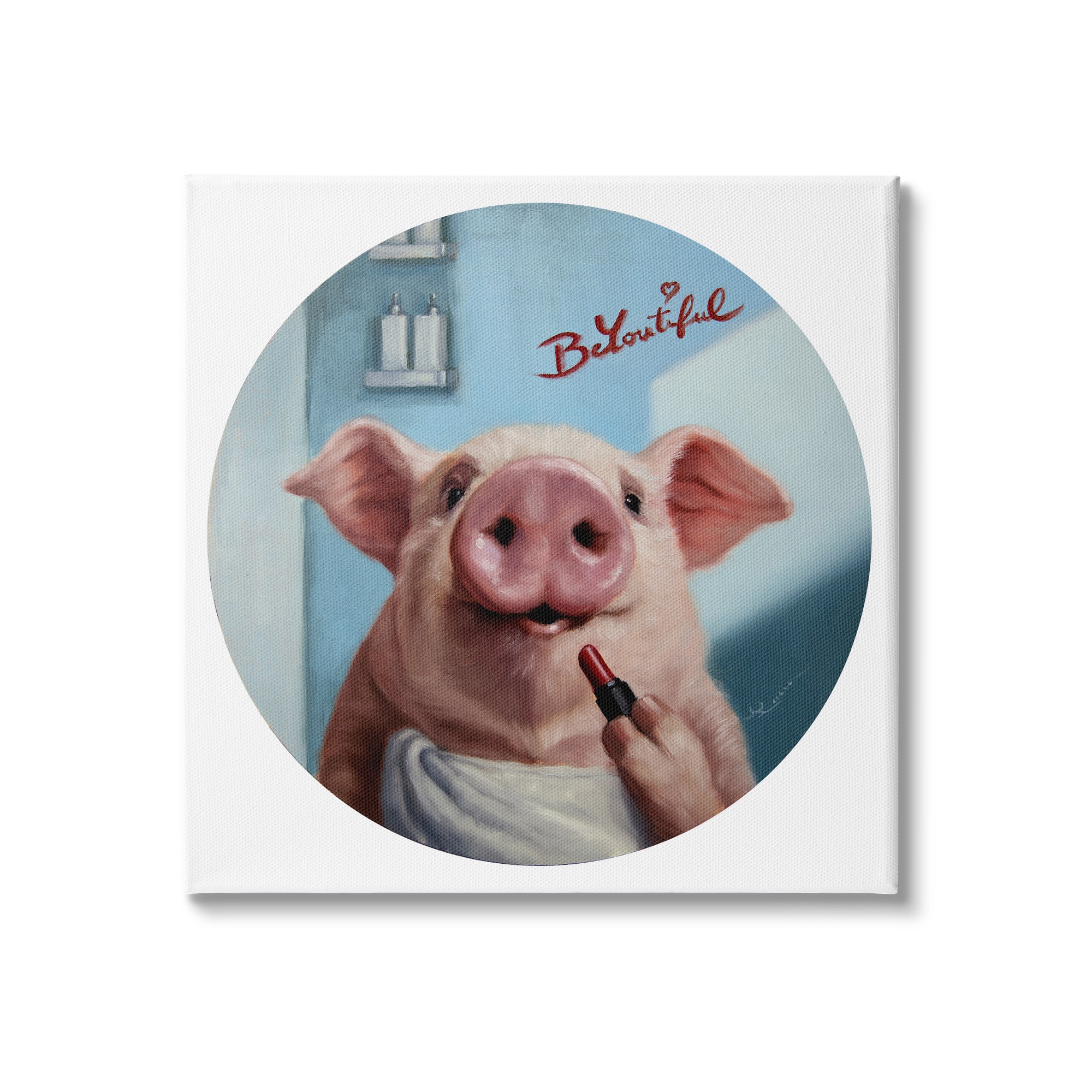 Stupell Industries Be-You-Tiful Pink Pig in Towel Lipstick Big Snout Canvas Wall Art