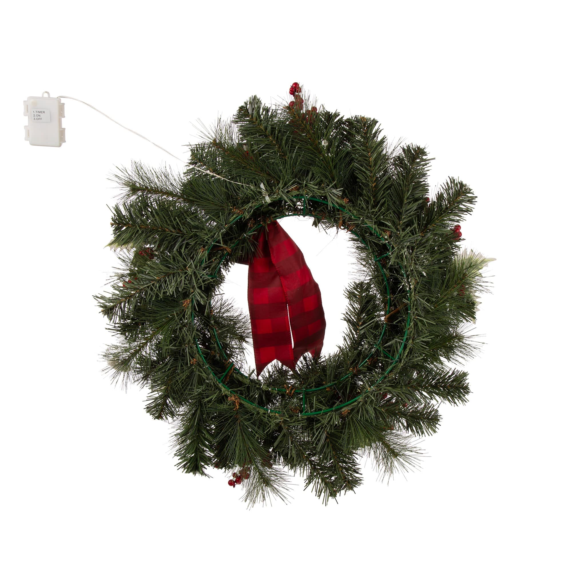 Glitzhome 24&#x22; Pre-Lit Buffalo Check Bow, Berry, Holly &#x26; Pinecone LED Wreath