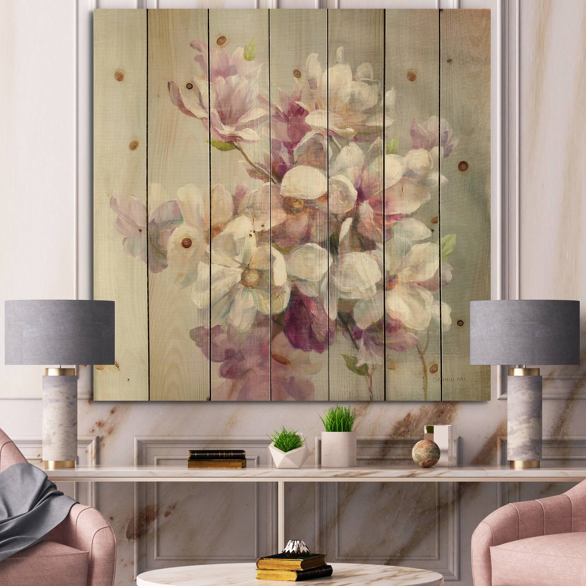 Designart - Pink Magnolia Flowers - Shabby Chic Print on Natural Pine Wood
