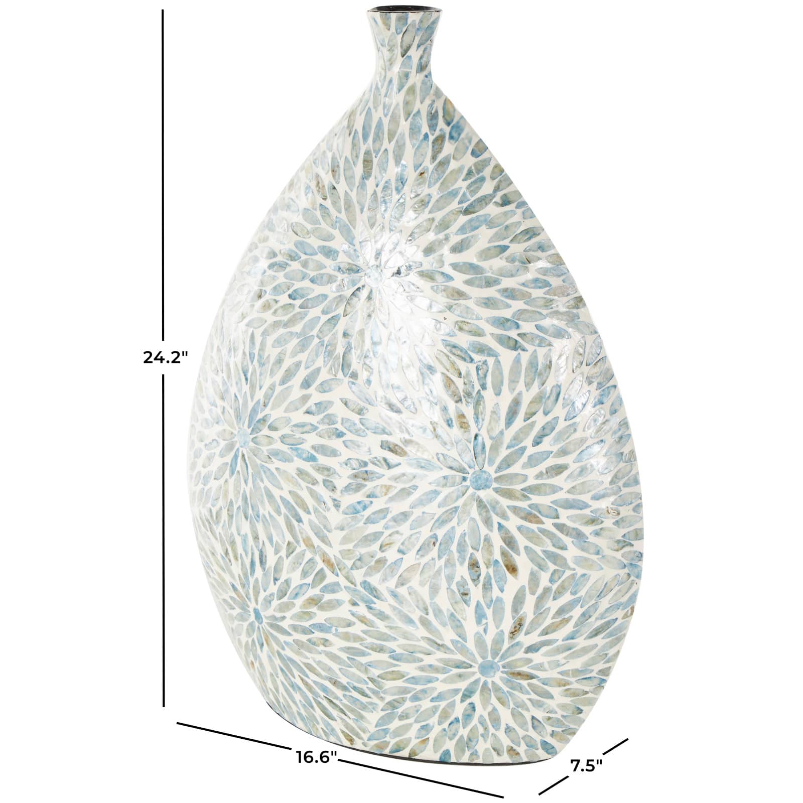24.25" Blue & Cream Floral Mosaic Mother of Pearl Vase