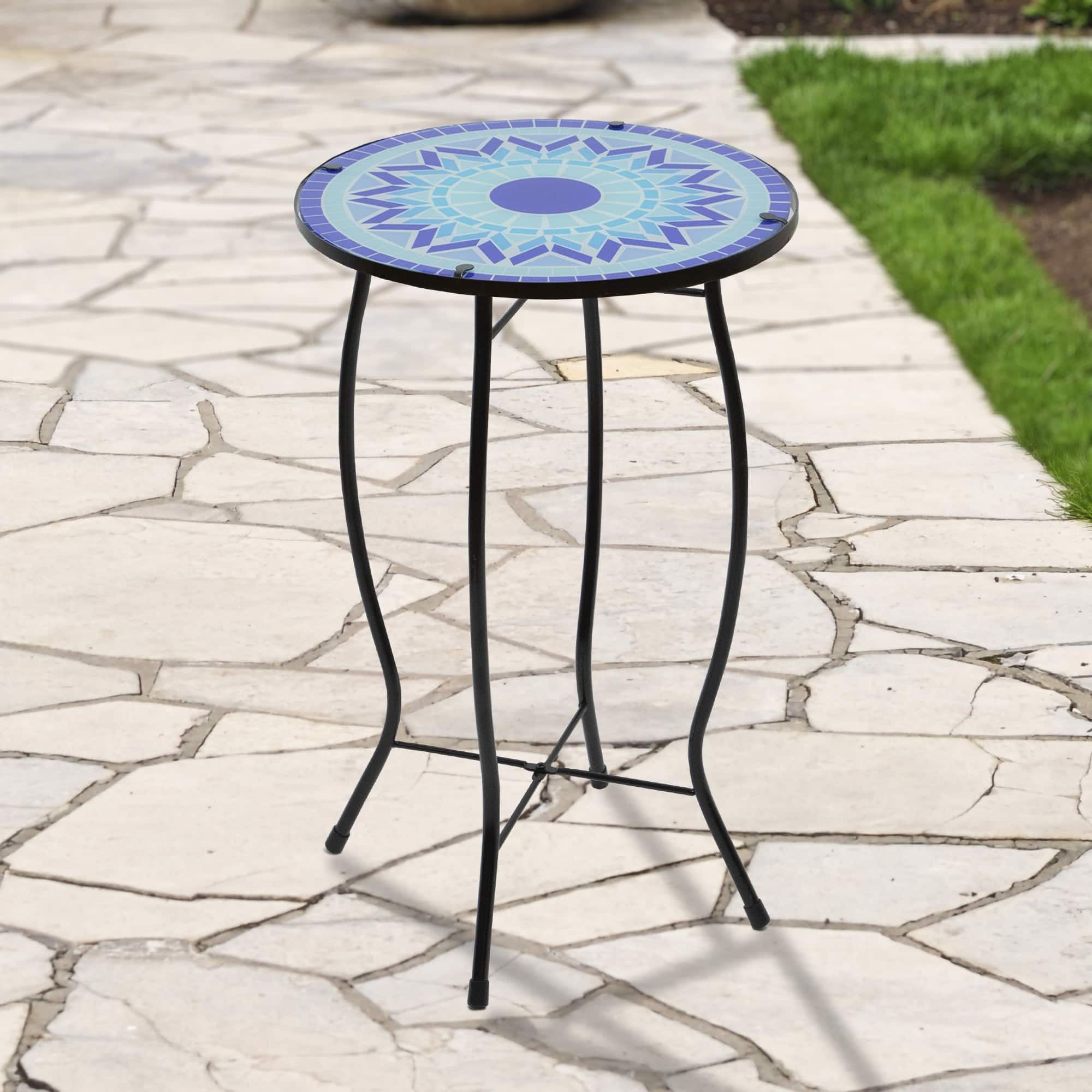 19&#x22; Blue Sun Mosaic Glass Patio Side Table