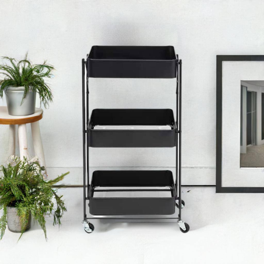 Honey Can Do Black 3-Tier Folding Cart with Wheels