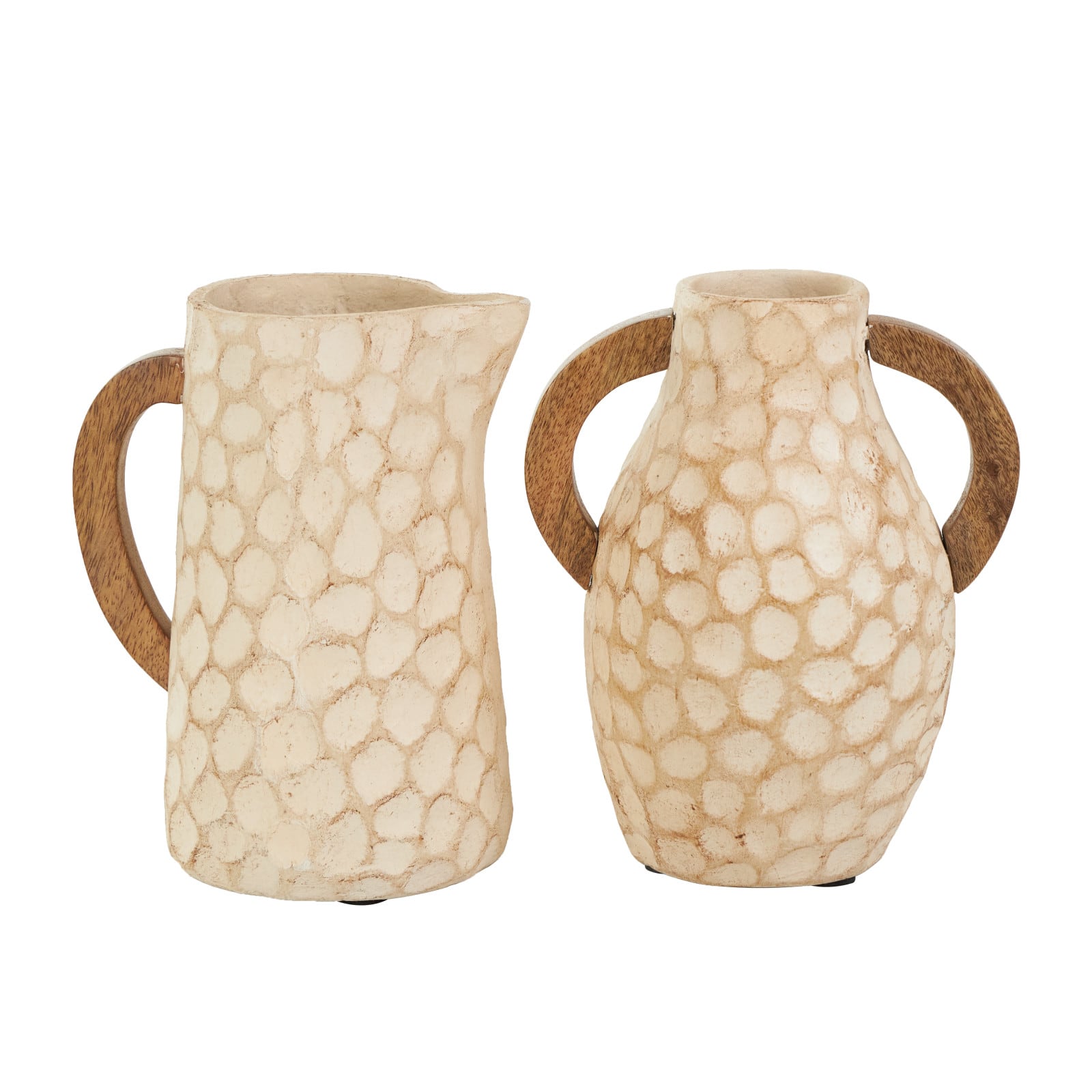 Beige Paper Mache Honeycomb Inspired Jug Vase with Wooden Handle Set