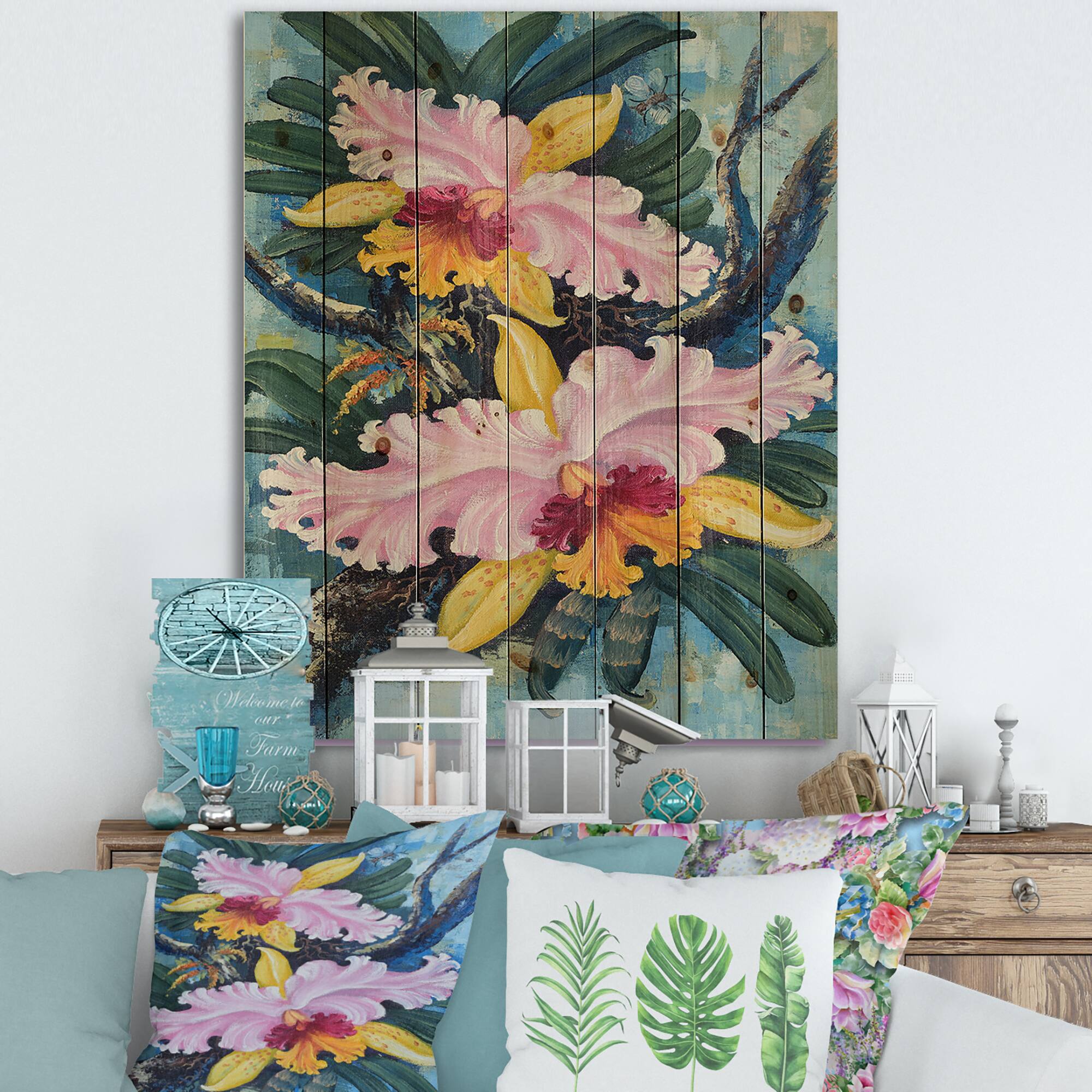 Designart - Vintage Forest Orchids I - Traditional Print on Natural Pine Wood