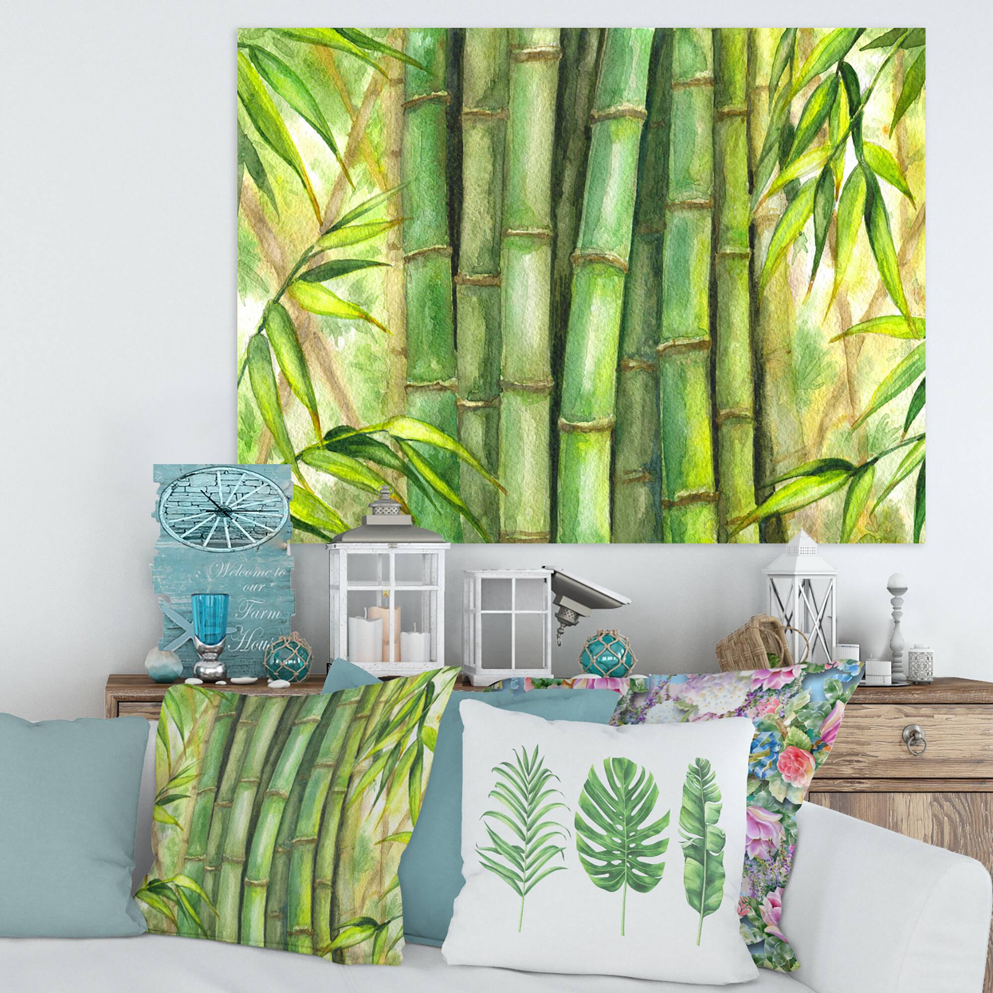 Designart - Bright Green Bamboo Stems - Transitional Canvas Wall Art Print
