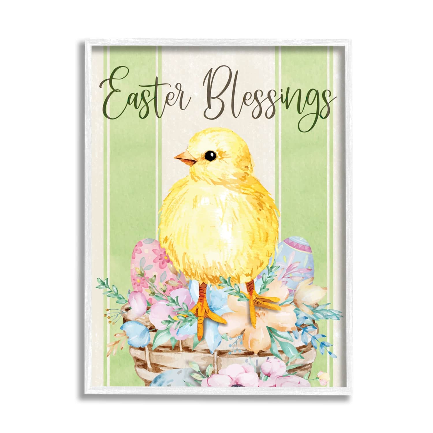 Stupell Industries Easter Blessings Text Striped Yellow Chick Egg Basket Framed Giclee Art