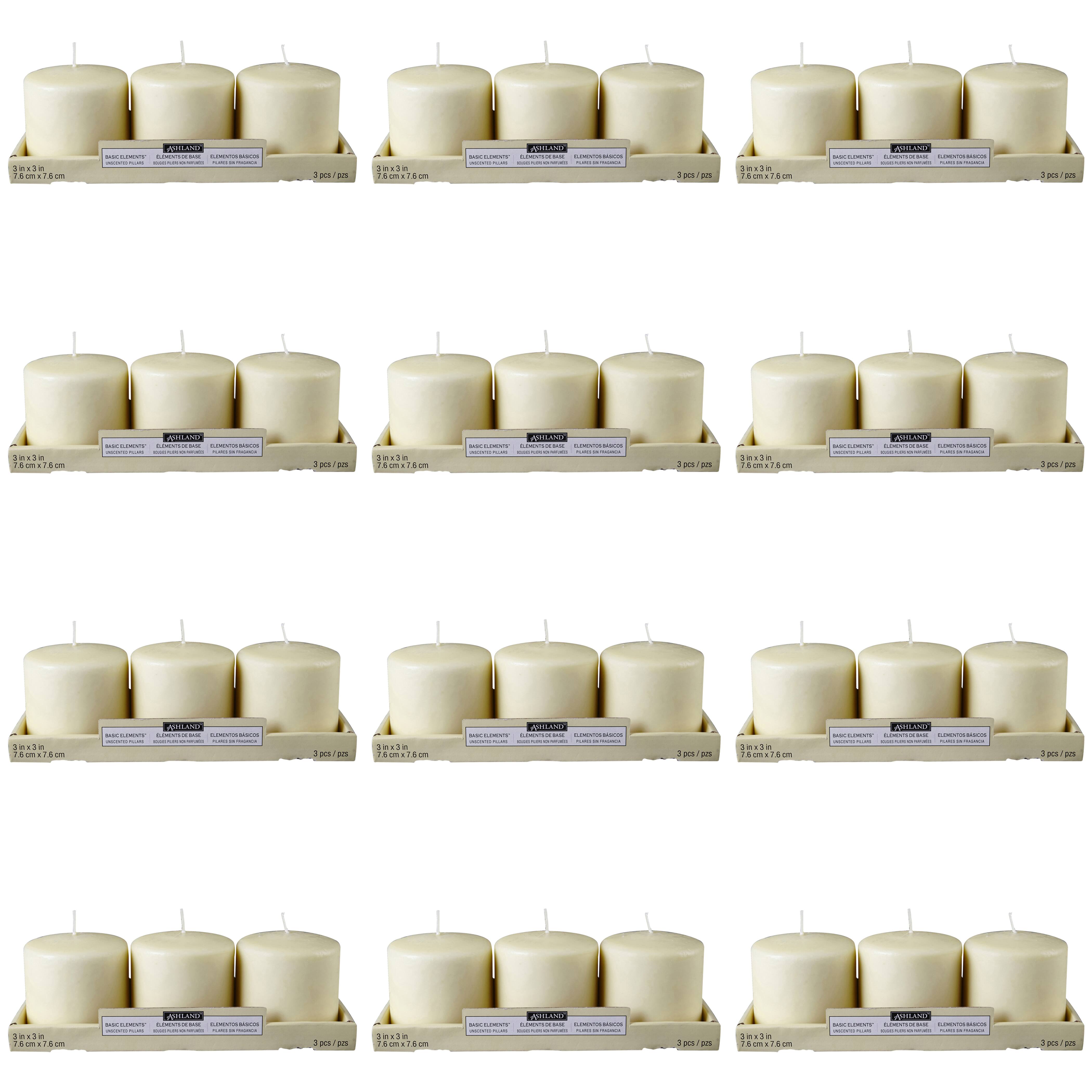 12 Packs: 3 ct. (36 total) Basic Elements&#x2122; 3&#x22; x 3&#x22; Ivory Pillar Candles by Ashland&#xAE;