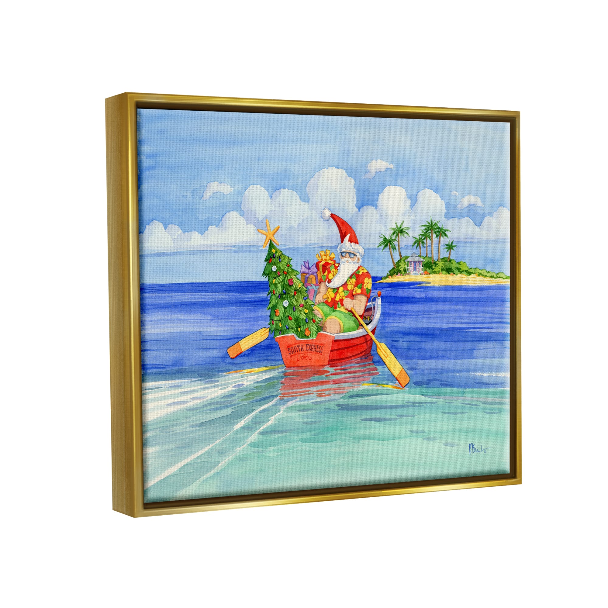 Stupell Industries Santa's Delivery Tropical Christmas Boat Gold Framed Floater Canvas Wall Art