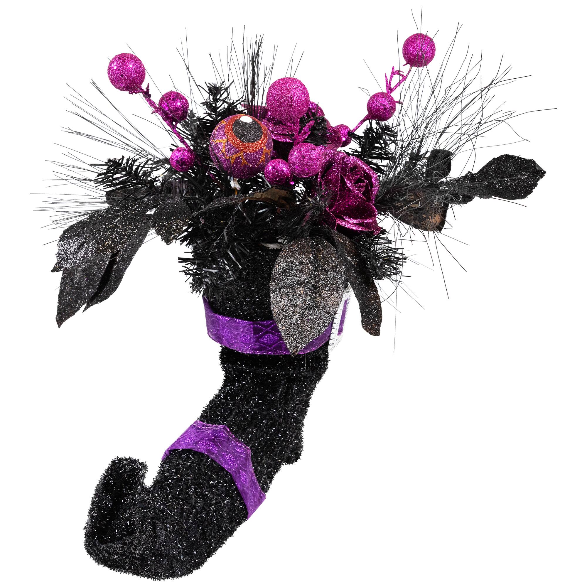 12" Black Witch's Boot with Purple Glittered Roses Halloween Decoration