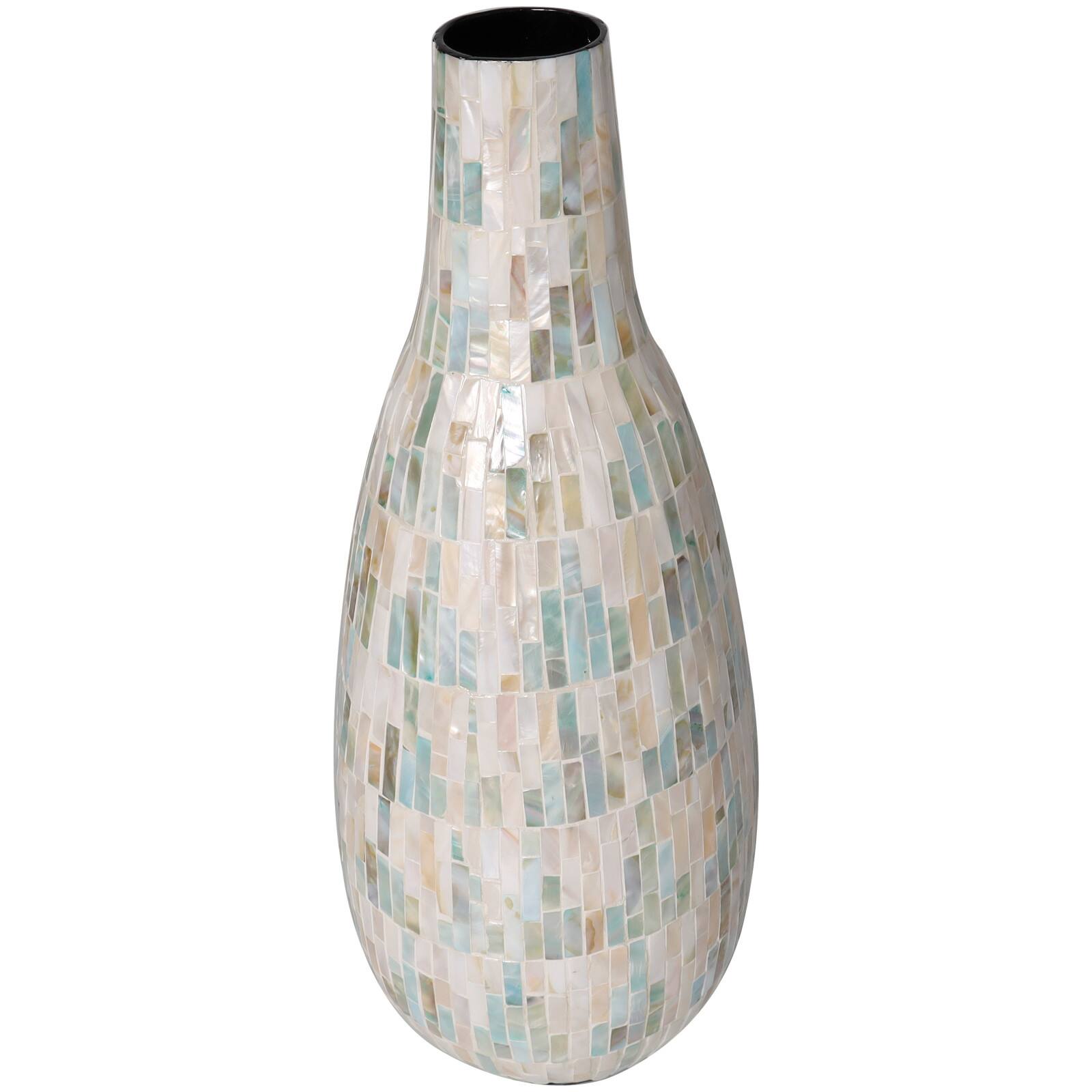 21" White Mother of Pearl Handmade Mosaic Inspired Vase with Pastel Blue and Pink Accents