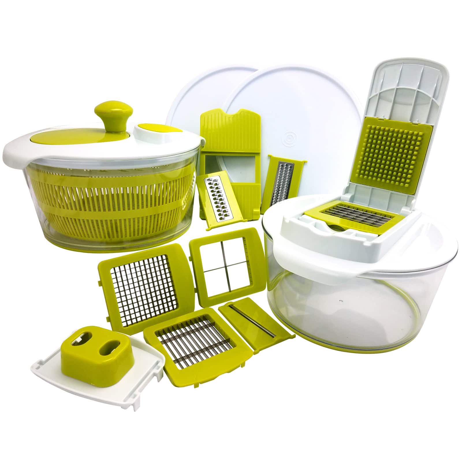 MegaChef 10-in-1 Multi-Use Salad Spinning Slicer, Dicer &#x26; Chopper with Interchangeable Blades &#x26; Storage Lids