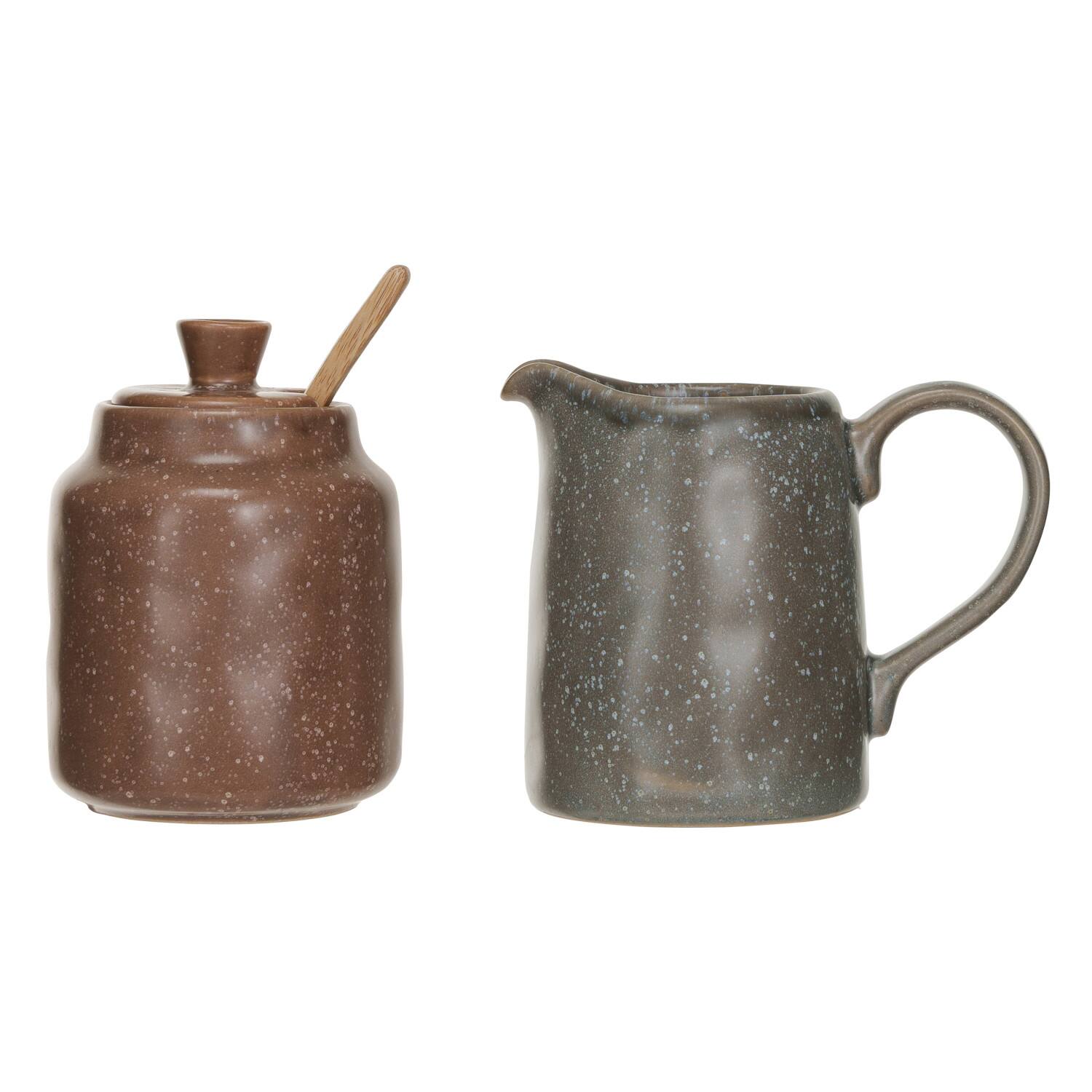 Hello Honey® Gray & Brown Stoneware Creamer & Sugar Pot Set with Bamboo Spoon