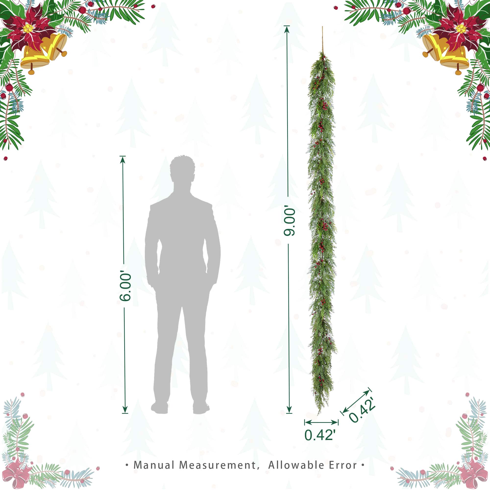 Glitzhome&#xAE; 9ft Christmas Greenery PE Cedar Garland with Red Berries