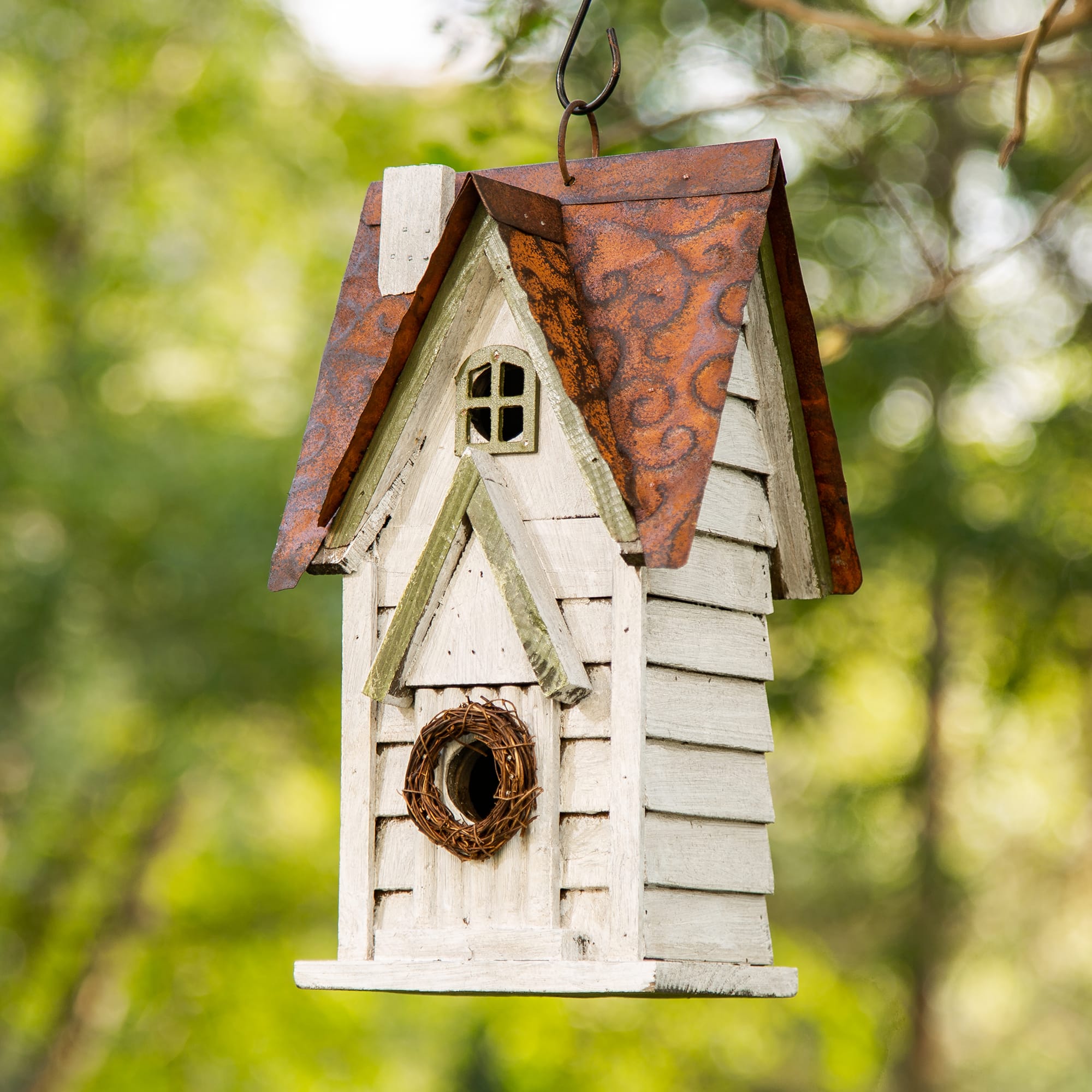 Glitzhome® 12" Washed White Distressed Cottage Birdhouse