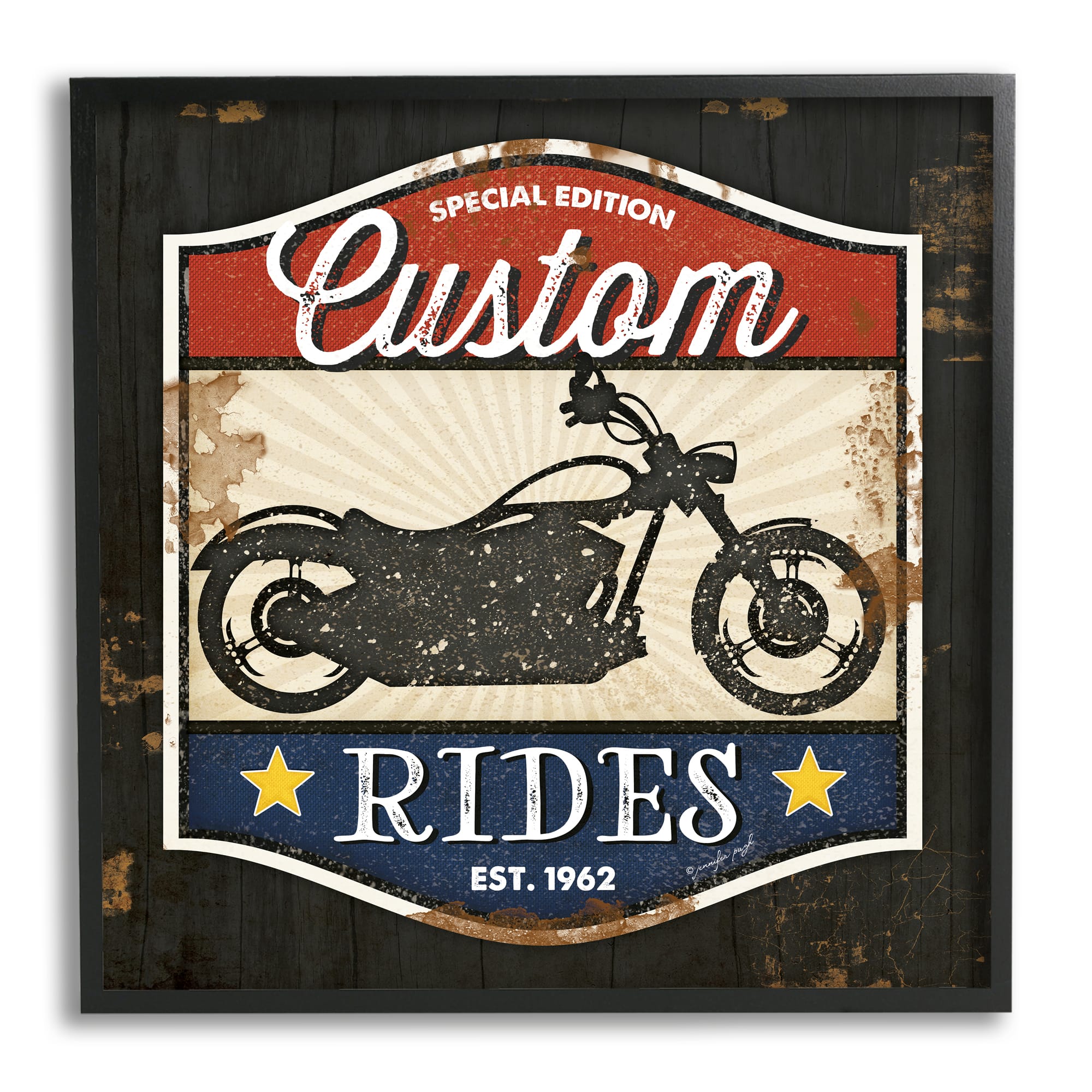 Stupell Industries Custom Rides Motorcycle Sign Vintage Americana Bike  in Black Frame Wall Art