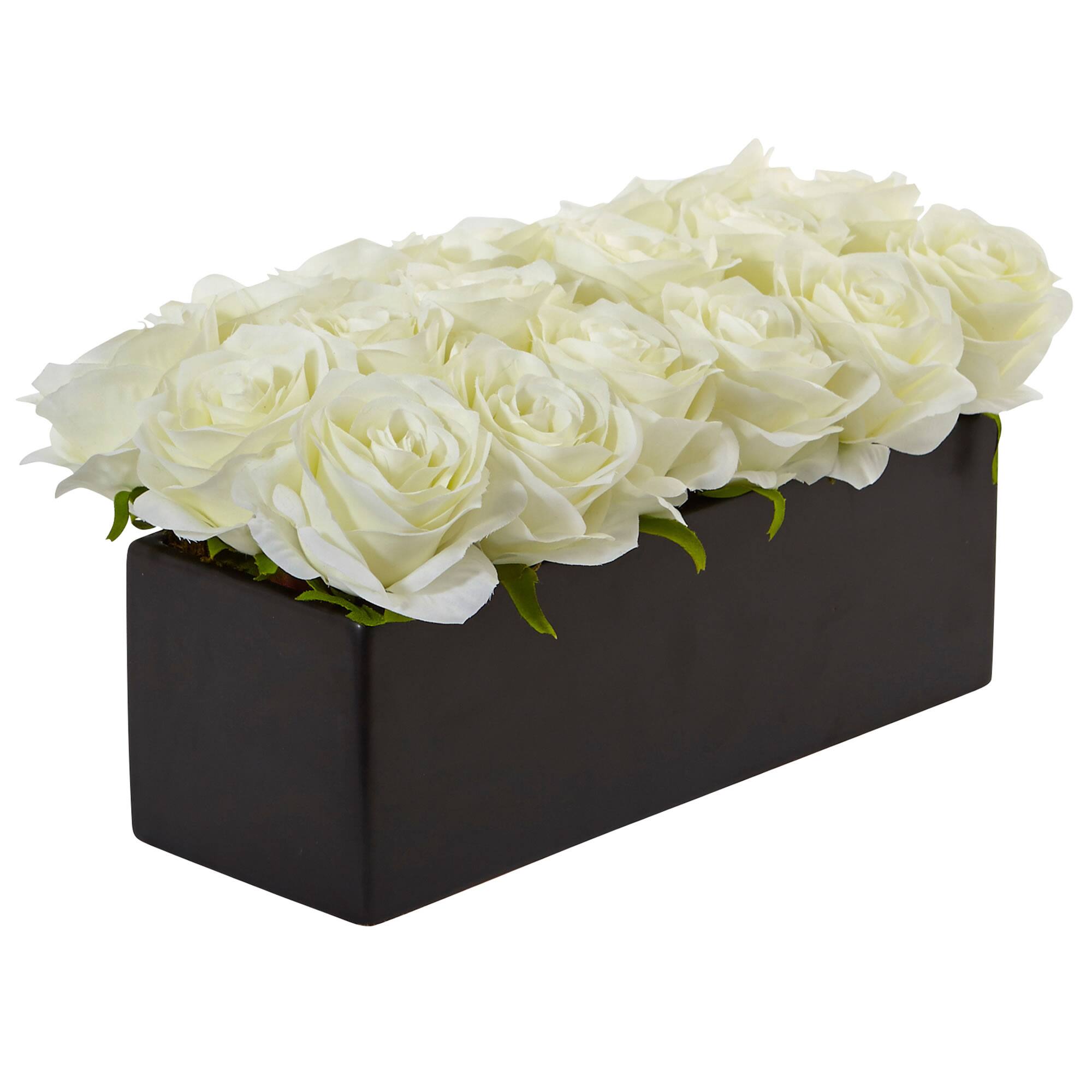 6&#x22; White Dozen Roses in Black Rectangular Ceramic Planter