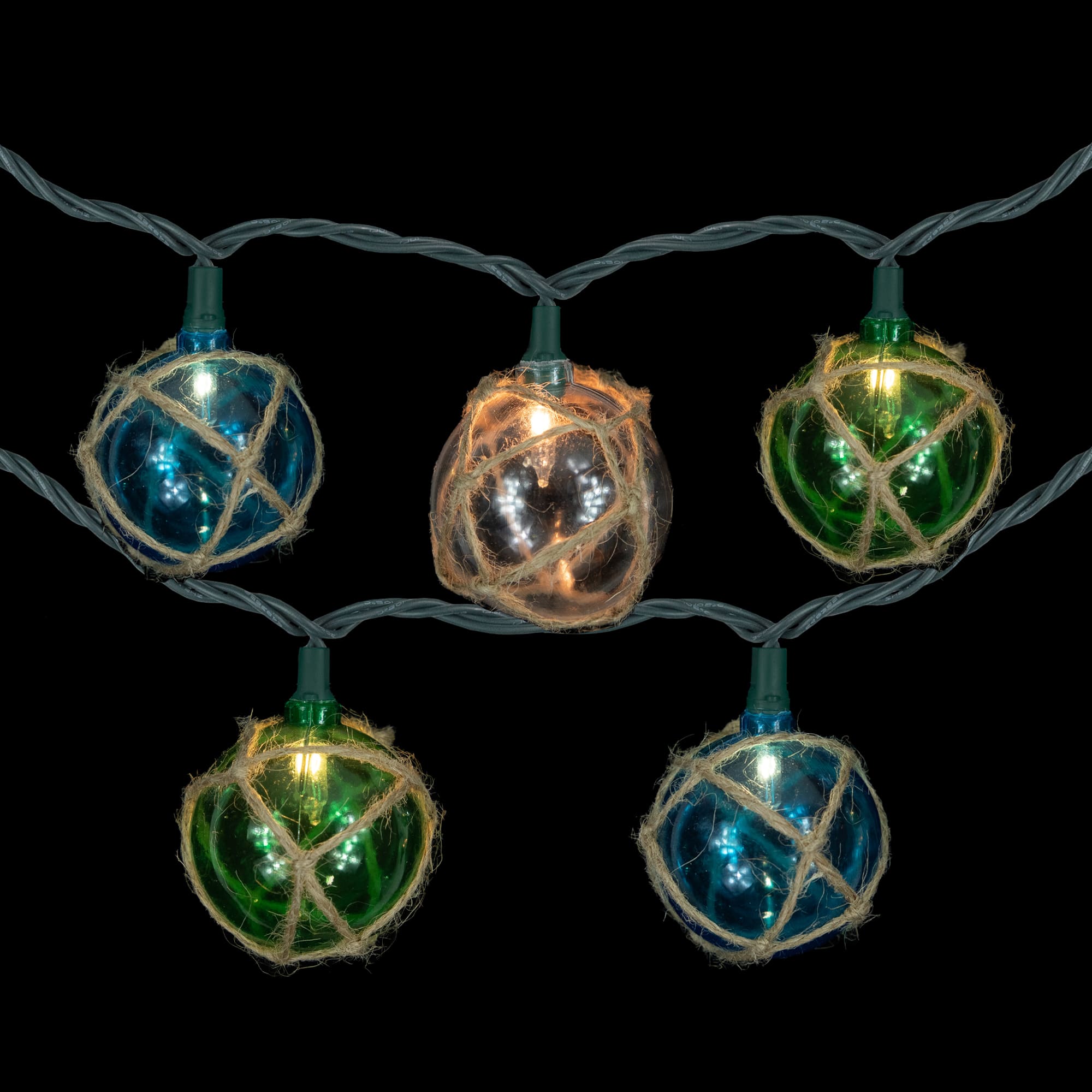 10ct. Natural Jute Wrapped Multicolor Ball String Lights with Green Wire