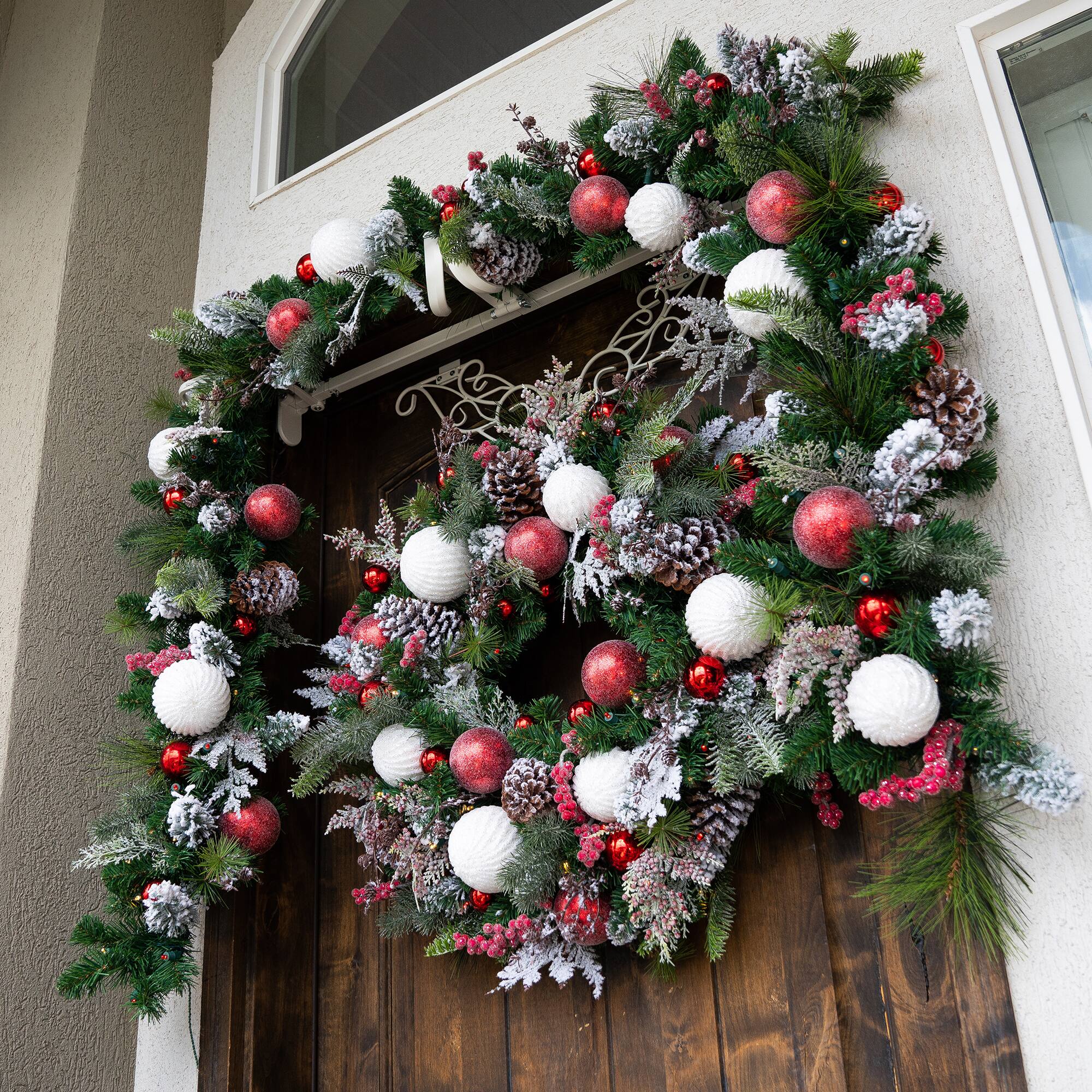 Village Lighting 30&#x22; Pre-Lit Frosted Wonderland Christmas Wreath, Red &#x26; Clear LED Lights