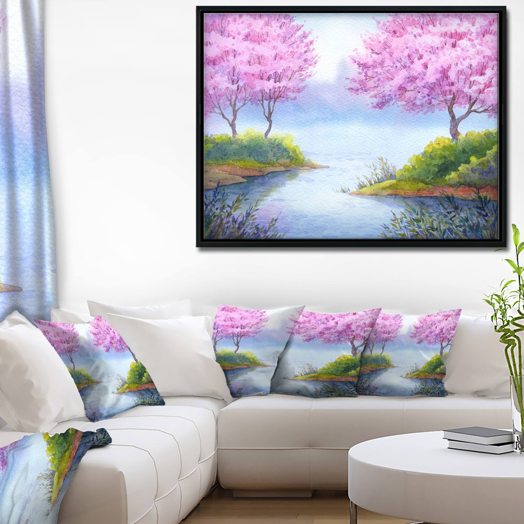 Designart - Flowering Trees Over Lake