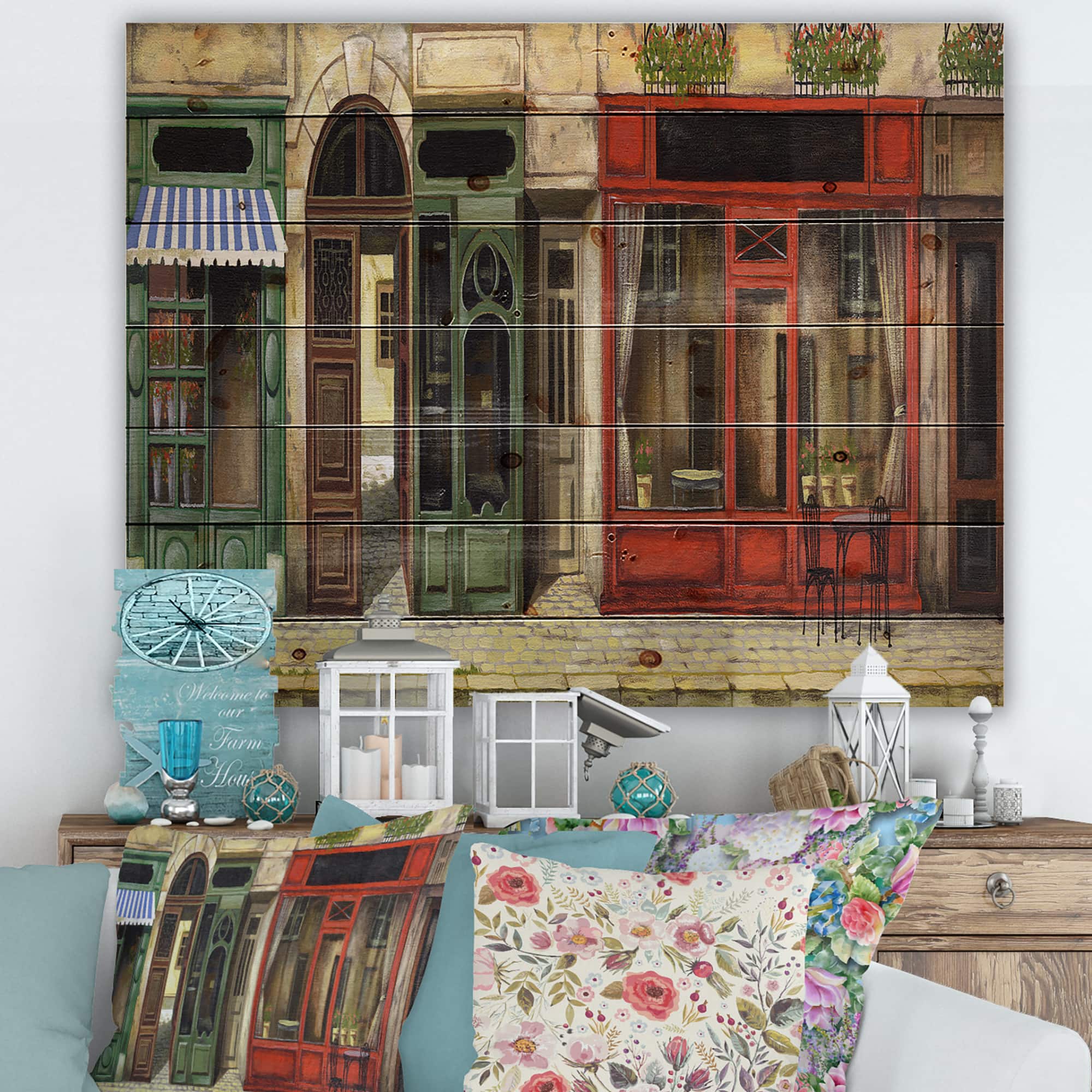 Designart - Red Facade of Charming Shop In Paris II - French Country Print on Natural Pine Wood