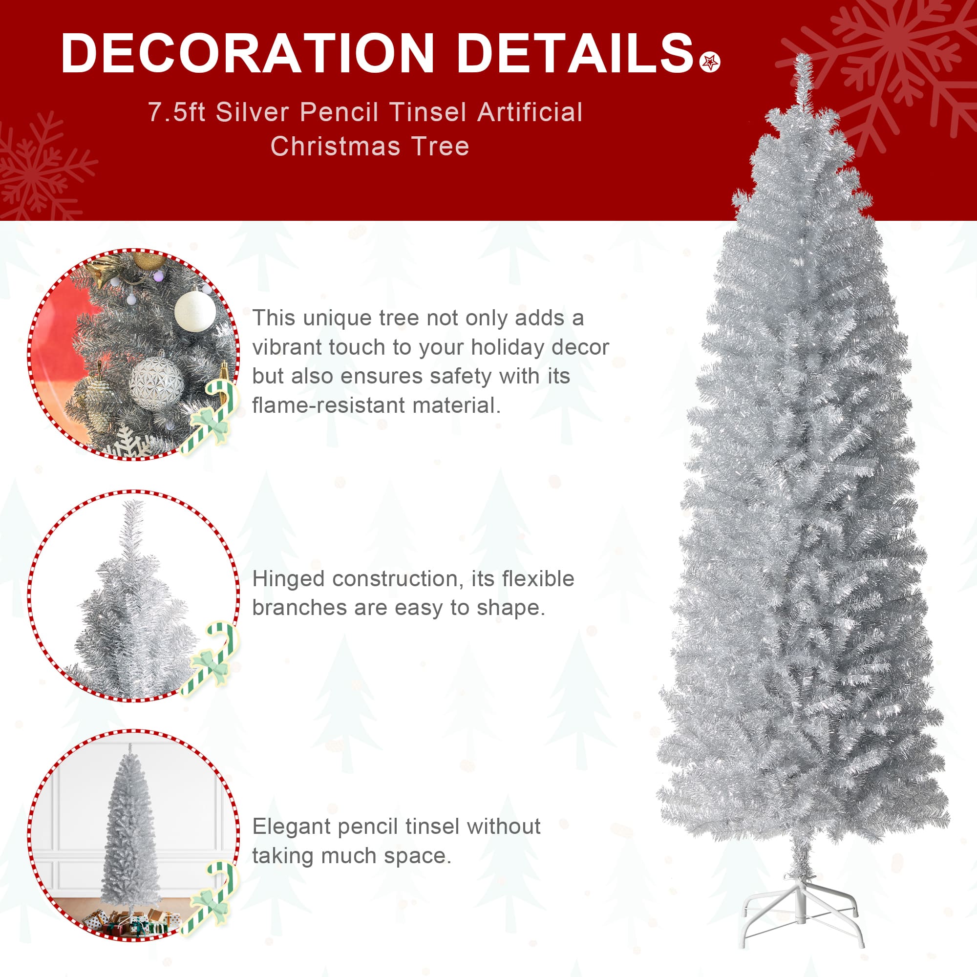 7.5ft. Unlit Silver Pencil Tinsel Artificial Christmas Tree
