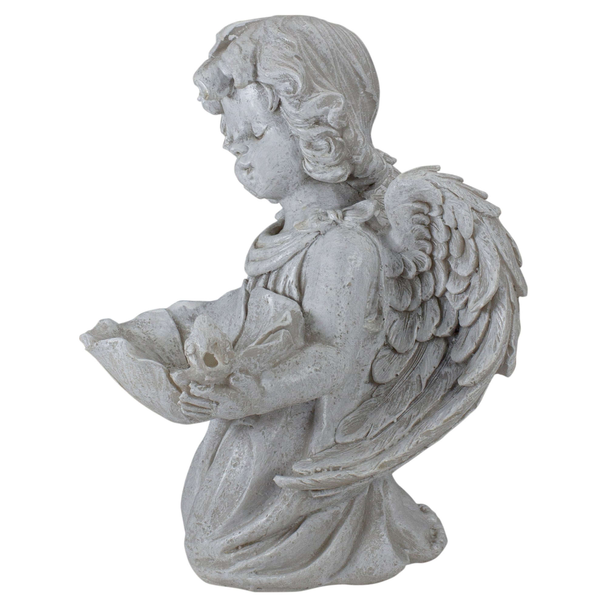 9.5&#x22; Heavenly Gardens Gray Distressed Kneeling Cherub Angel Bird Feeder Outdoor Garden Statue