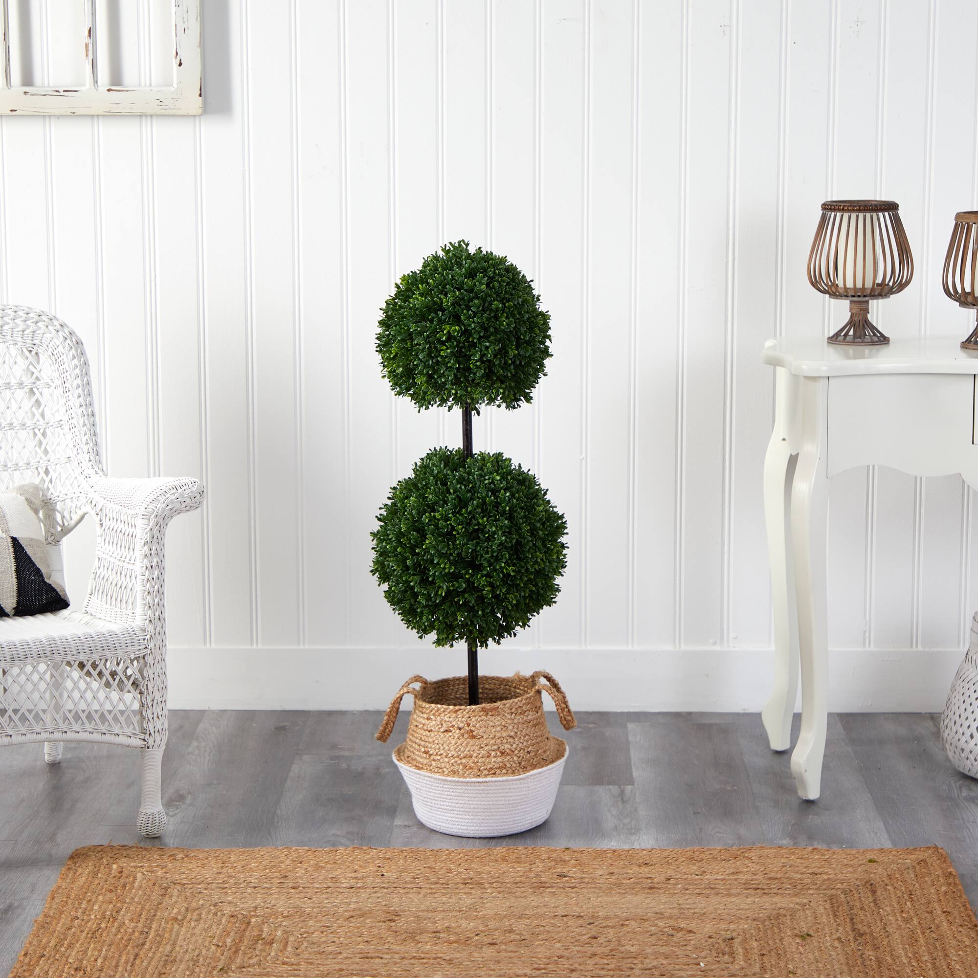 3.5ft. Boxwood Double Ball Artificial Topiary Tree in Boho Chic Handmade Cotton &#x26; Jute White Woven Planter UV Resistant (Indoor/Outdoor)