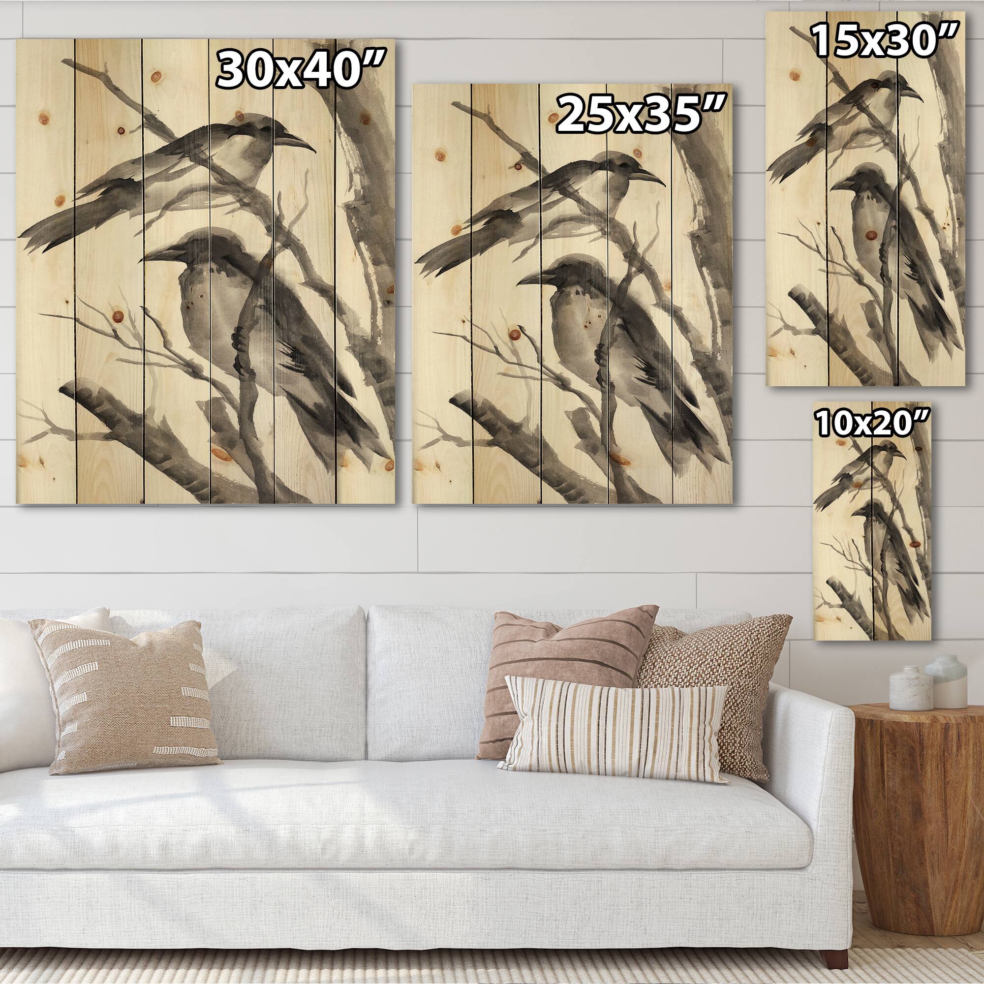 Designart - Vintage Monochrome Sleeping Crows - Traditional Print on Natural Pine Wood