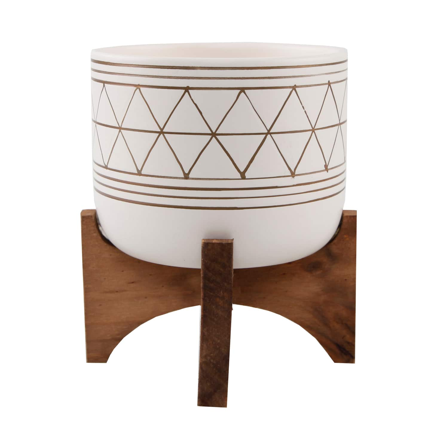 Flora Bunda 5&#x22; White Gold Geo Planter With Wood Stand