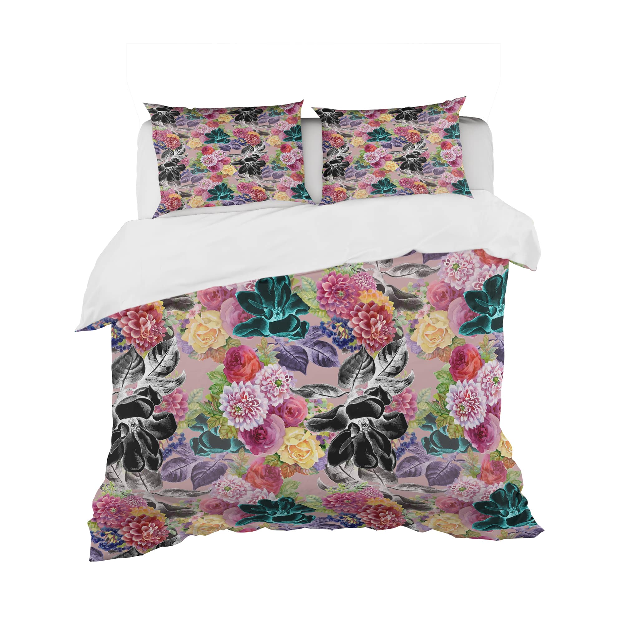 Designart &#x27;Black Chrysanthemum And Blooming Roses&#x27; Floral Bedding Set - Duvet Cover &#x26; Shams